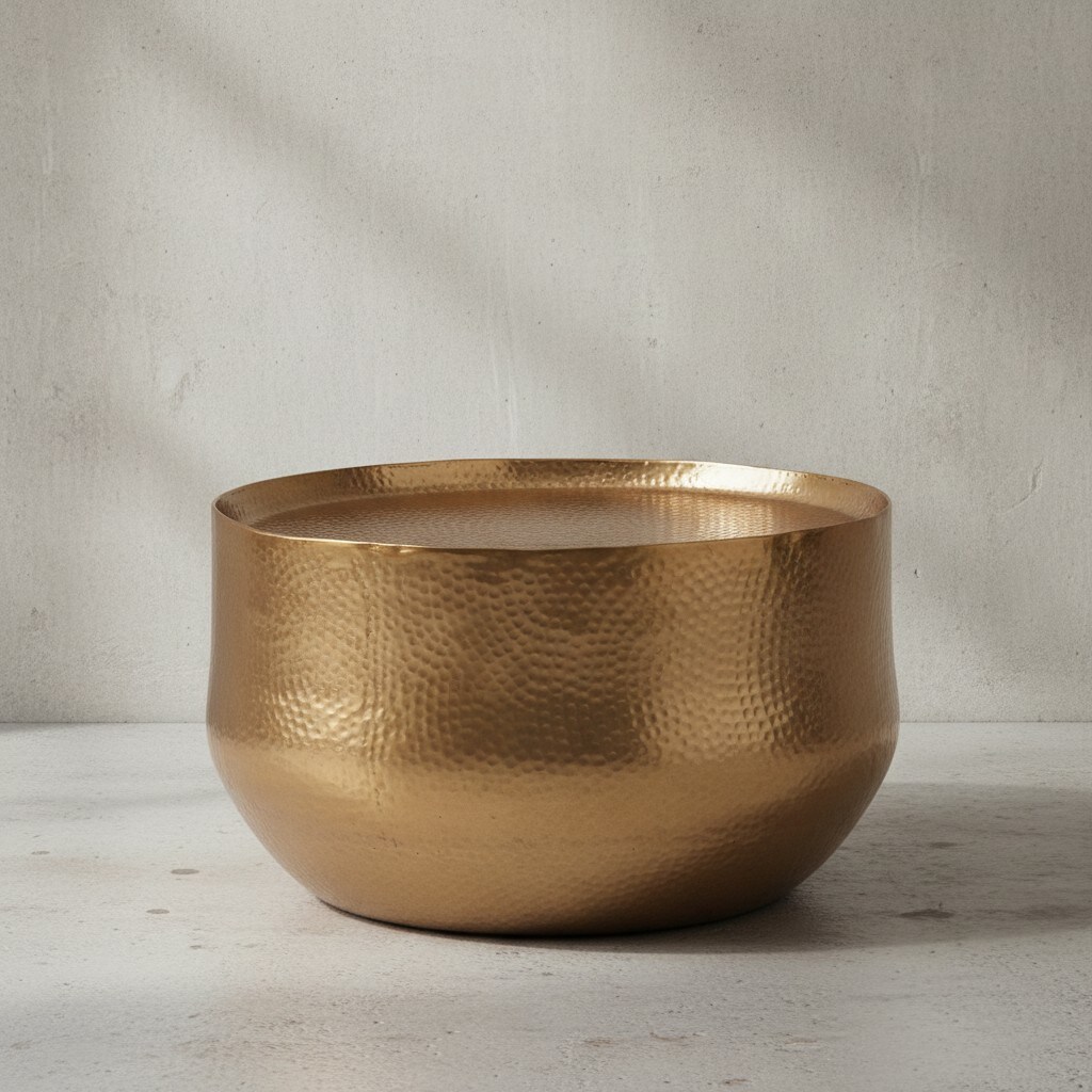 KADIMA DESIGN Orientalischer Couchtisch ANIENE: Hammerschlag-Struktur, Aluminium, hohl, 40 kg Belastung, goldfarben lackiert.