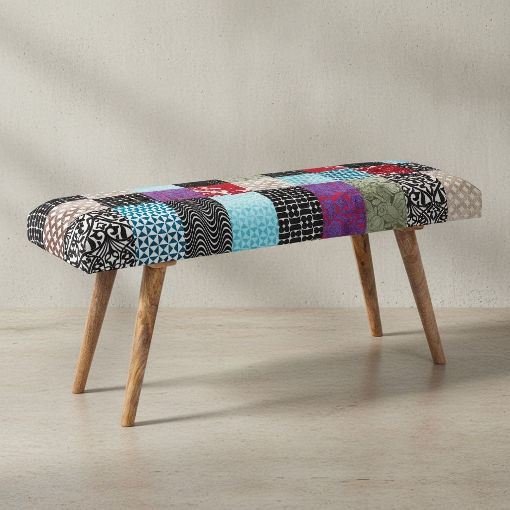 KADIMA DESIGN Sitzbank Samt/Massivholz, Patchwork-Design, 160 kg Belastbarkeit, Mangoholz Beine - Bild 1