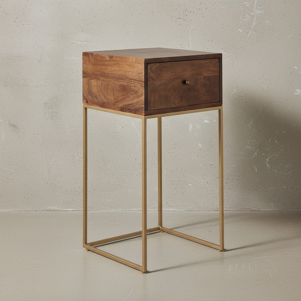 KADIMA DESIGN Nachttisch Mango Massivholz/Metall, Industrial-Stil, Boxspringbett-kompatibel, Geräumige Schublade