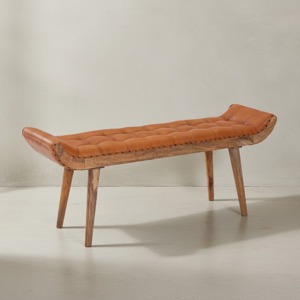 KADIMA DESIGN Sitzbank aus Massivholz und Leder/Stoff: Chesterfield-Muster, 125x50x38 cm, Lederpolsterung, Massivholzbeine.
