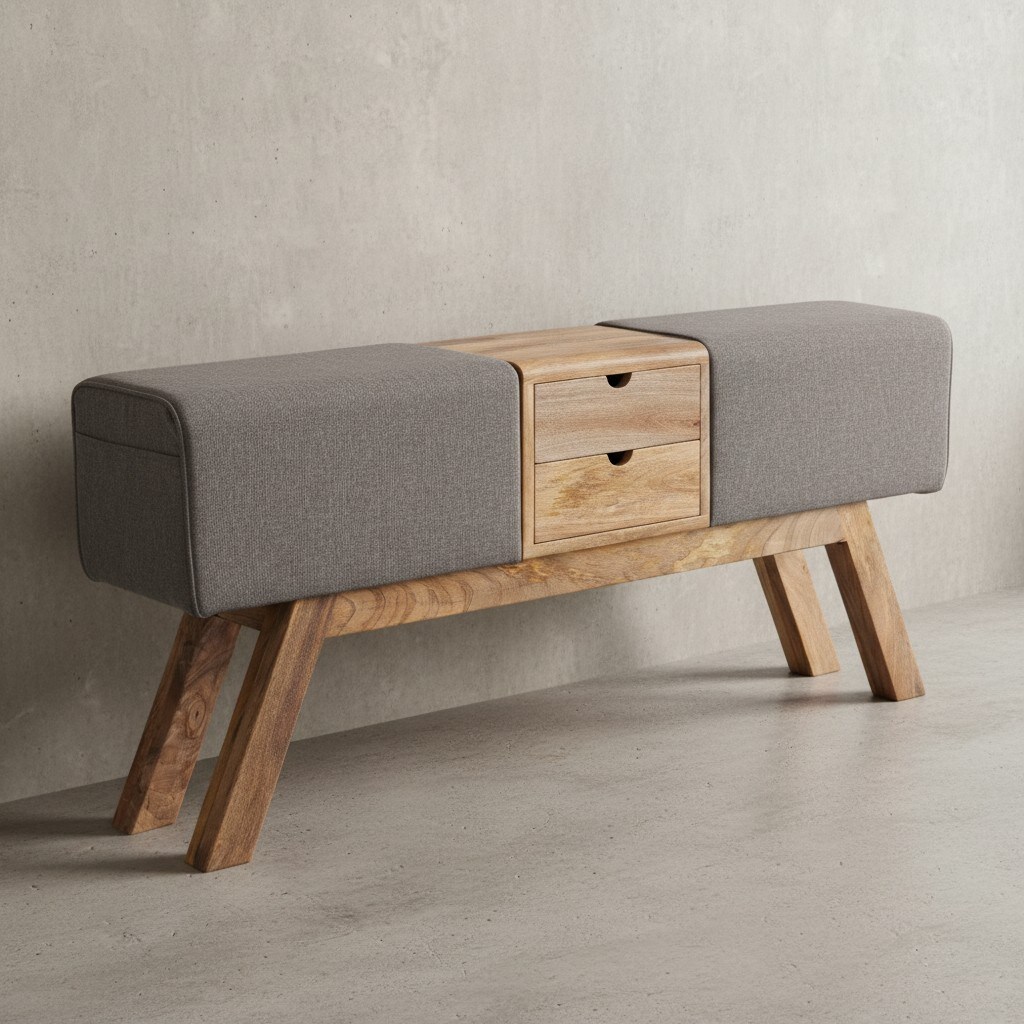 KADIMA DESIGN Retro-Sitzbank mit Schubladen: Massivholz, Stoffbezug, 120x56x30 cm, 2 Schubladen, Seitentasche.