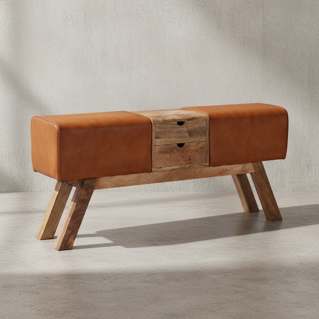 KADIMA DESIGN Retro-Sitzbank mit Schubladen: Massivholz, Stoffbezug, 120x56x30 cm, 2 Schubladen, Seitentasche.