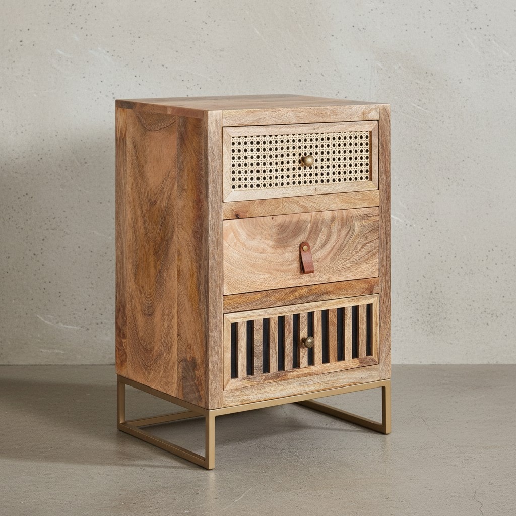 KADIMA DESIGN Industrial Nachttisch, Mango Massivholz/Rattan, 3 Schubladen, Boxspringbett-kompatibel - Bild 1