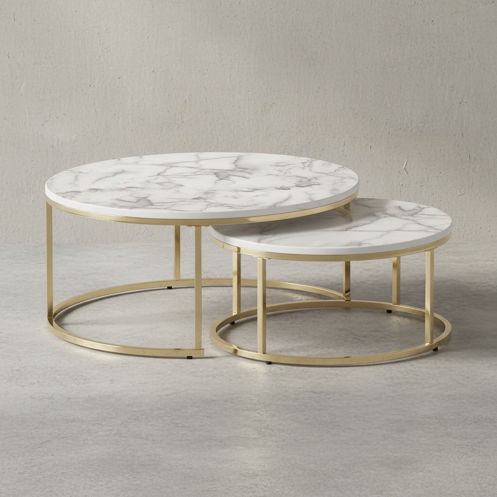 KADIMA DESIGN Couchtisch-Set mit Marmor-Optik: Eichenholz, Metallgestell, 80x80x36 cm & 60x60x26 cm, ineinanderschiebbar.