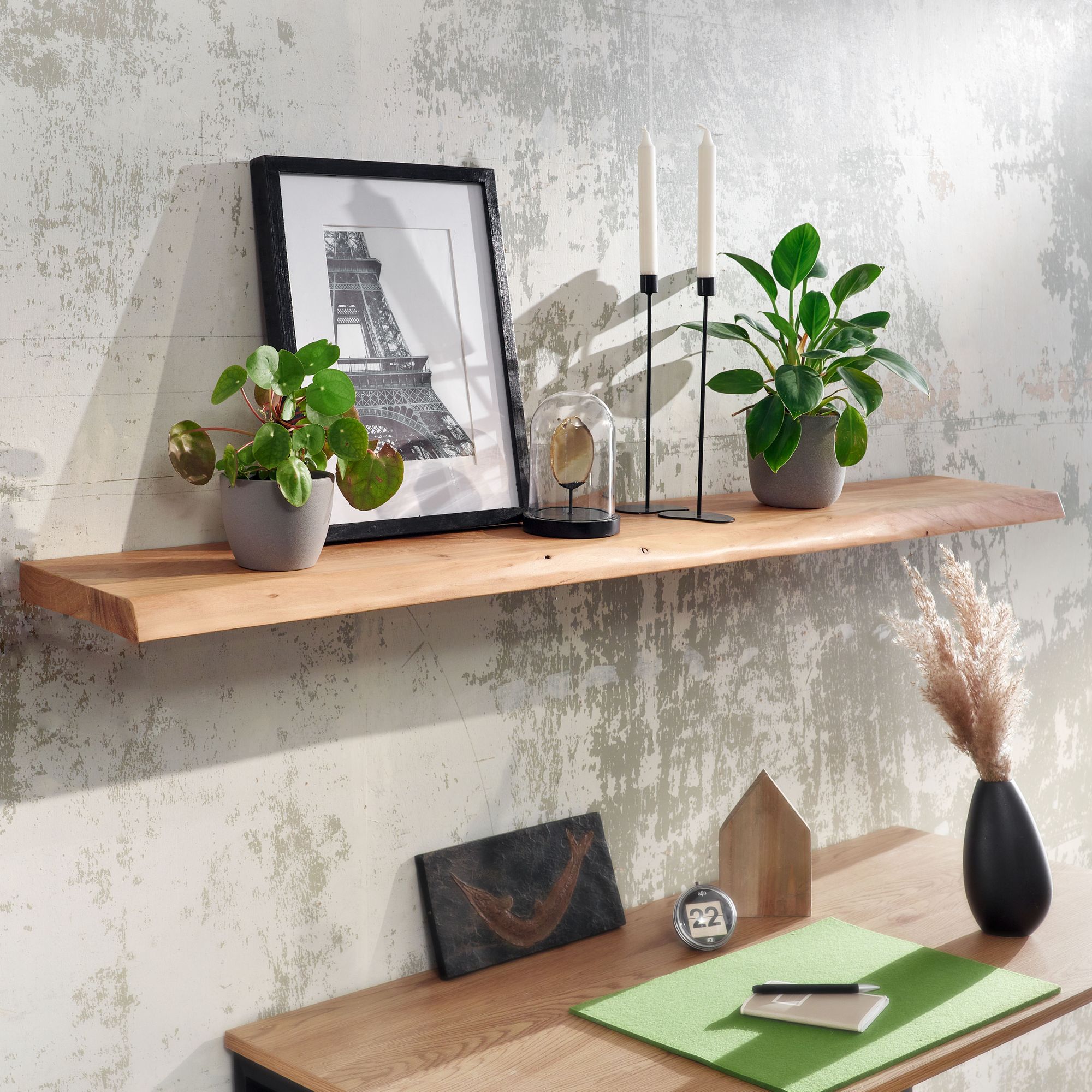 KADIMA DESIGN Massives Akazienholz Wandregal, 140 cm, Rustikaler Stil, Baumkante - Bild 1