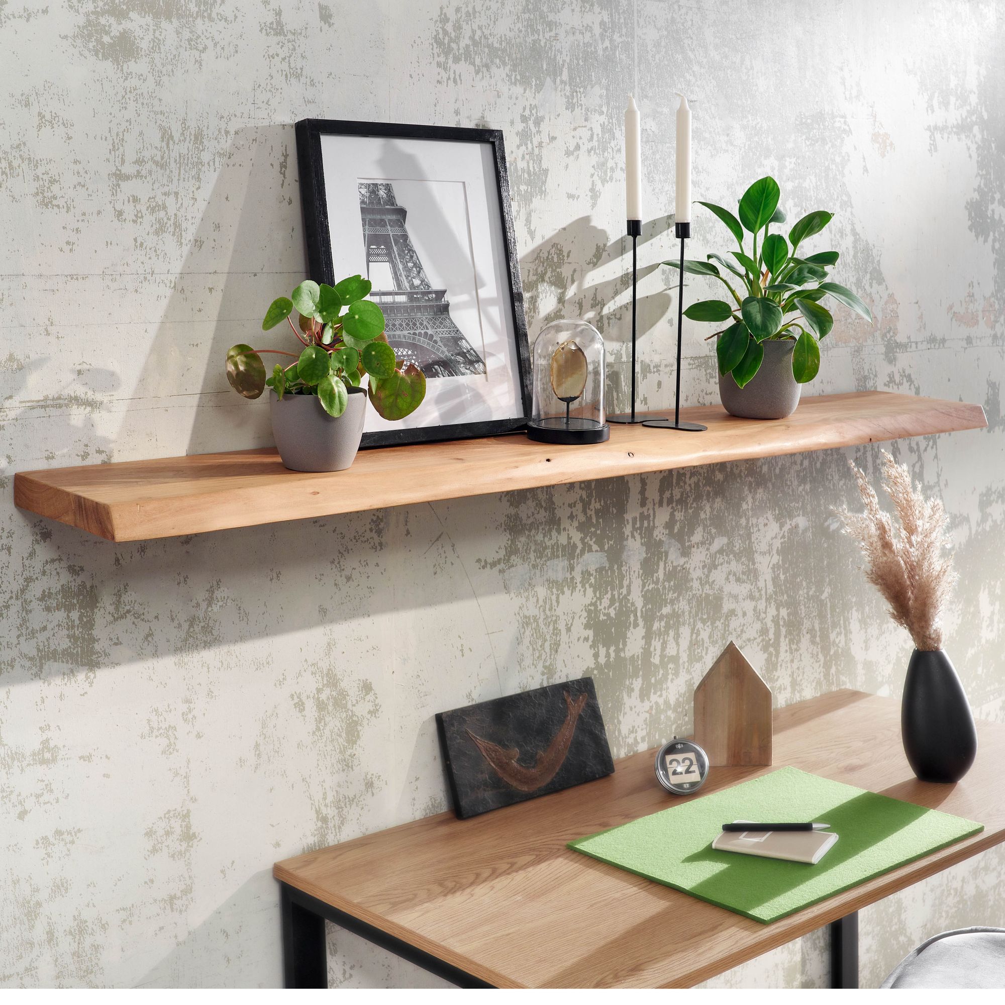 KADIMA DESIGN Rustikales Akazienholz Schweberegal mit Baumkante, 160cm, Landhausstil, Wandmontage - Bild 1