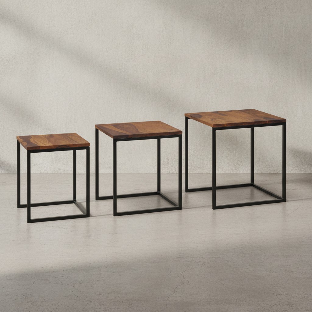 KADIMA DESIGN Beistelltisch-Set aus Sheesham Massivholz und Metall, 3 Gr&ouml;&szlig;en, Stilvolles Trio 