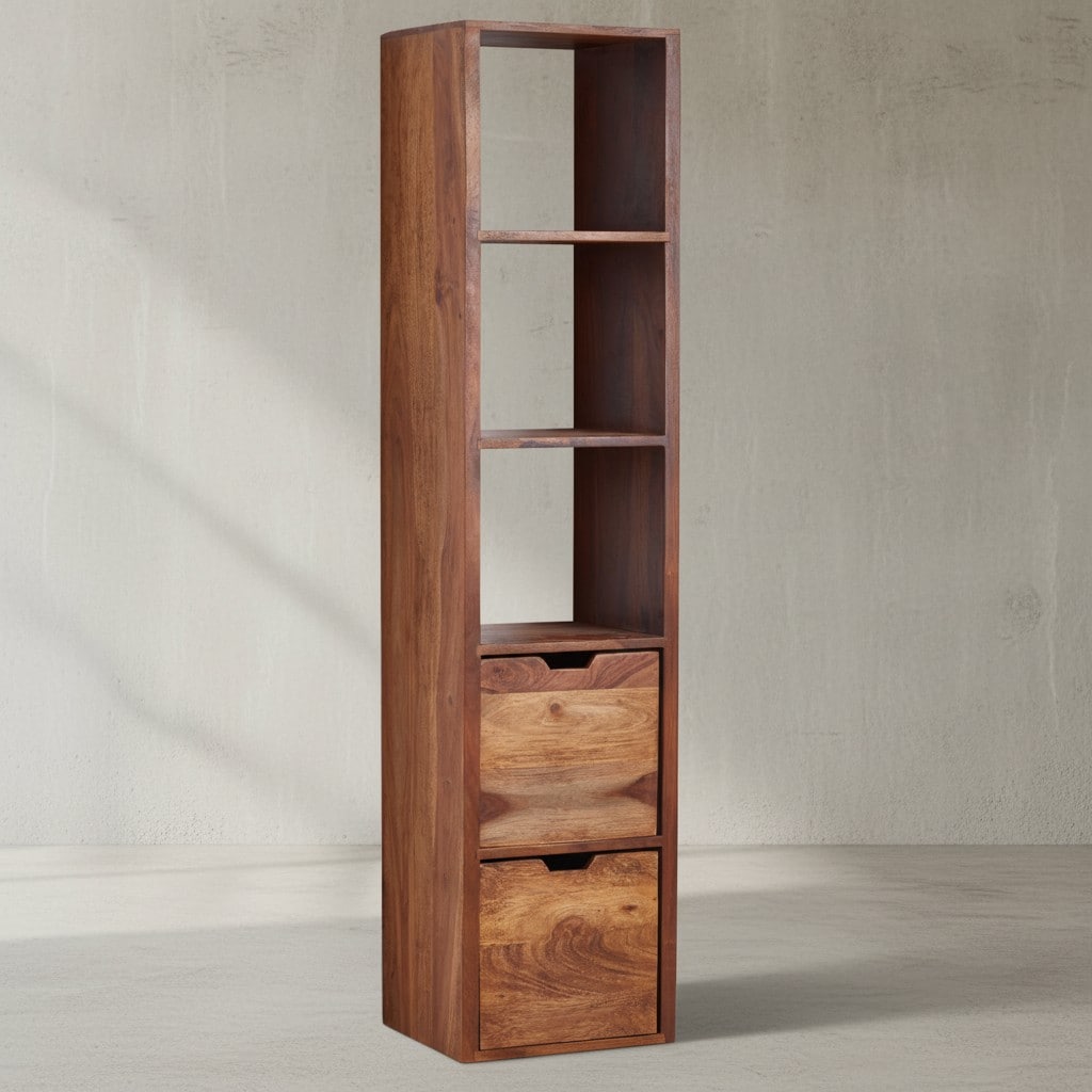 KADIMA DESIGN "Zephyr" Wandregal, Sheesham Massivholz, Flexibler Aufbau, 5 Ablagefächer, 2 Schubladen