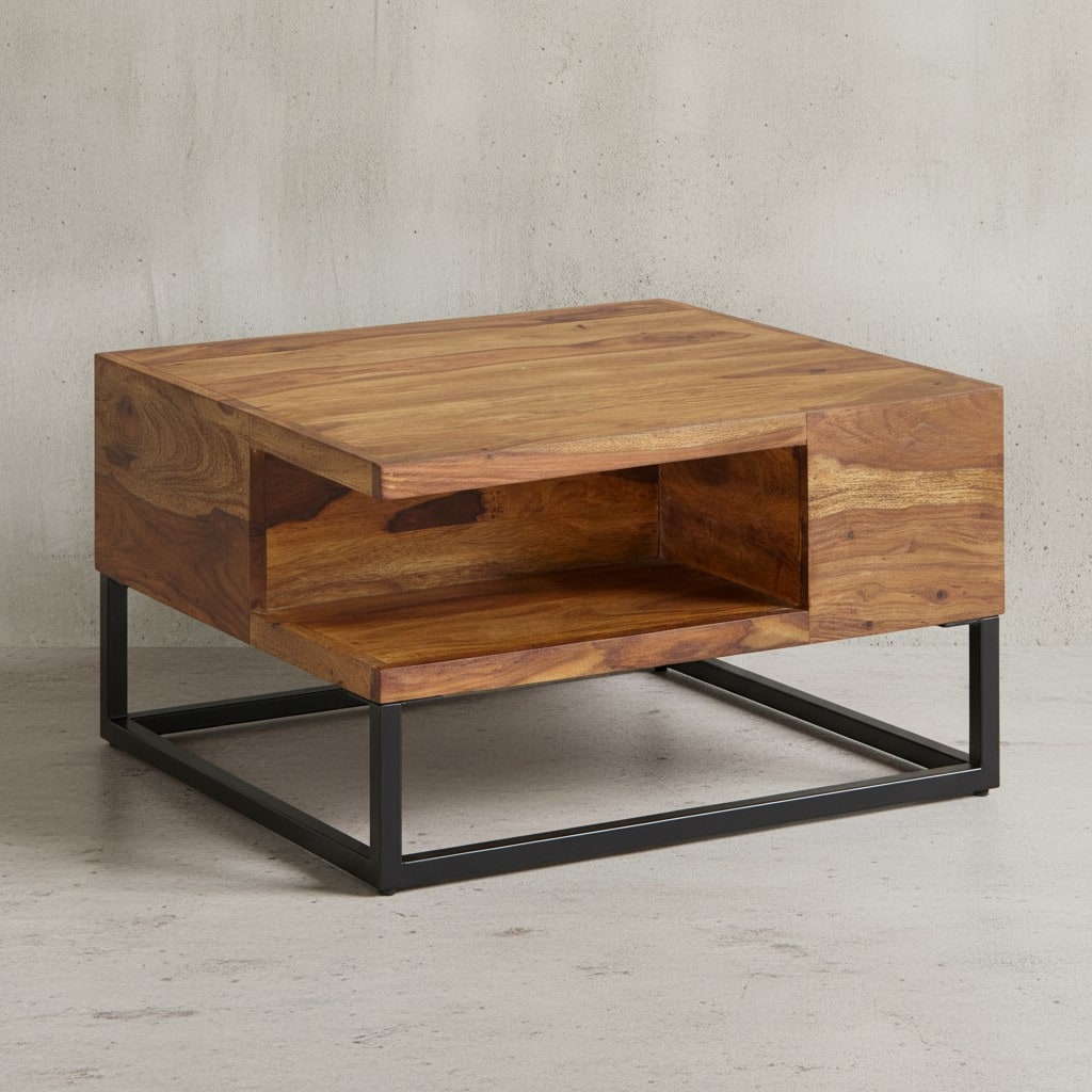 KADIMA DESIGN Sofatisch, Sheeshamholz, Staufach, 60x60x34,5 cm, Industrial-Design - Bild 1