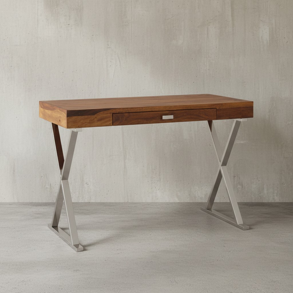 KADIMA DESIGN Massiver Sheesham-Schreibtisch mit X-förmigem Metallgestell, 120x55x78 cm