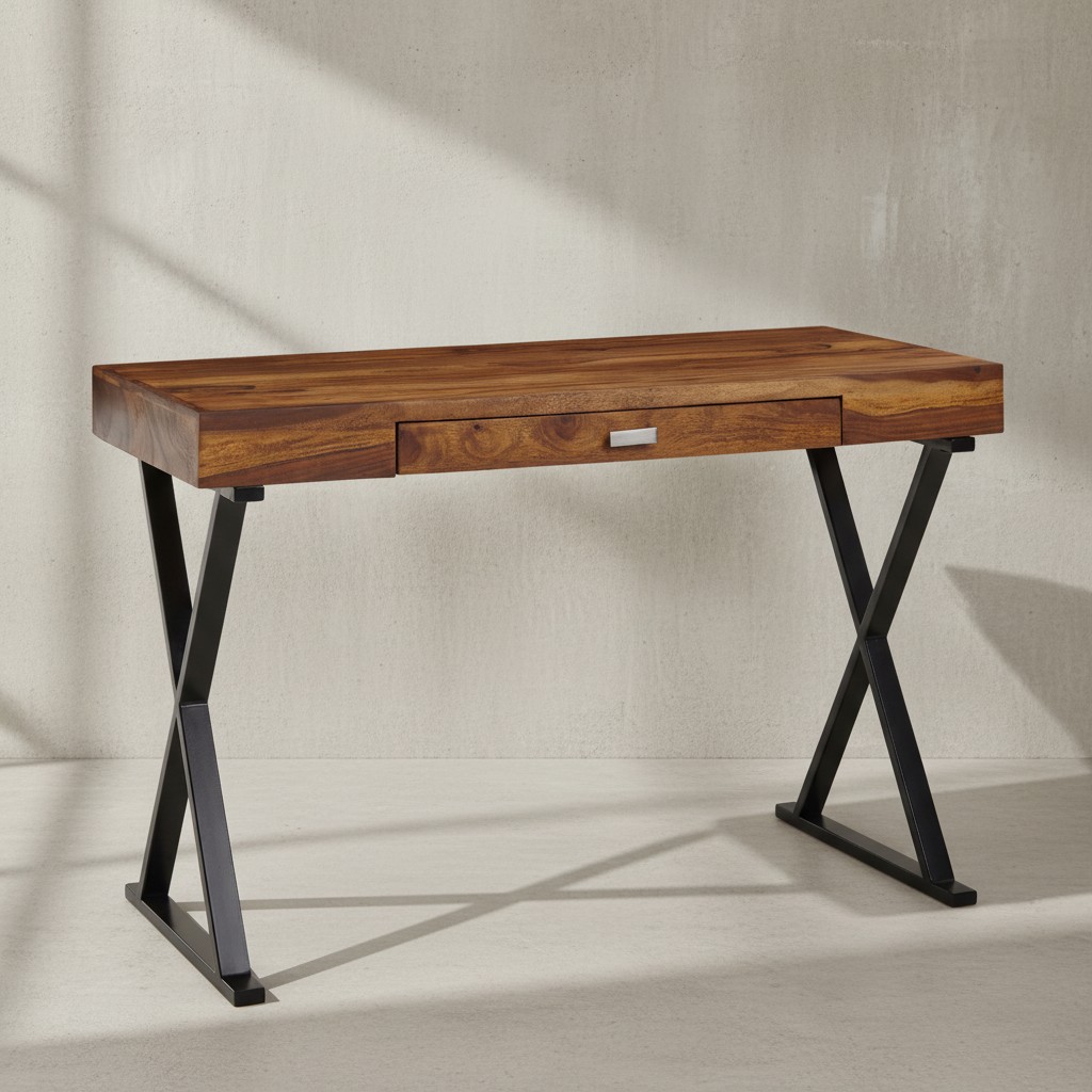 KADIMA DESIGN Massivholz Schreibtisch Sheesham, X-f&ouml;rmiges Metallgestell, Schublade, 120x55x78 cm - Bild 1