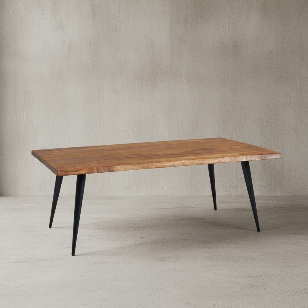 KADIMA DESIGN Sheesham Couchtisch, Massivholz, Baumkante, Metallgestell, 110x60x40 cm, Handgefertigt mit Schutzlack