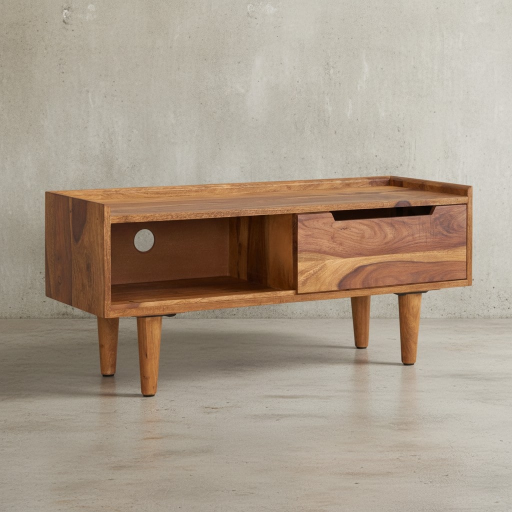 KADIMA DESIGN TV-Schrank Sheeshamholz, bis 50-Zoll, Schiebetür, 2 Fächer, Handarbeit
