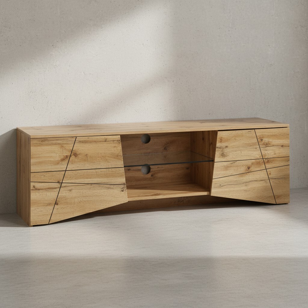 KADIMA DESIGN TV-Lowboard Holz Eiche-Dekor, Platz für 70-Zoll TV, Eichenoptik und Glas