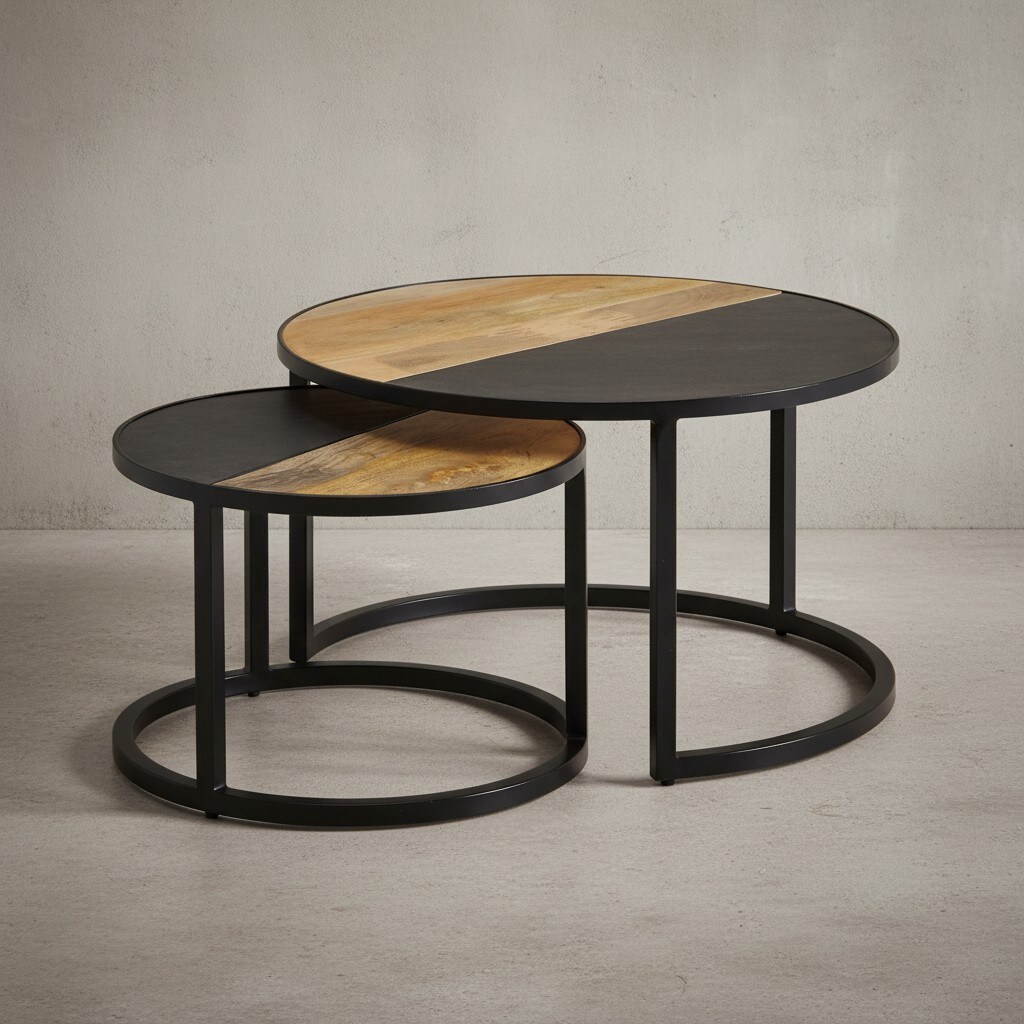 KADIMA DESIGN Runde Couchtische, 2er Set, Mango Massivholz/Steinoptik, Modernes Design