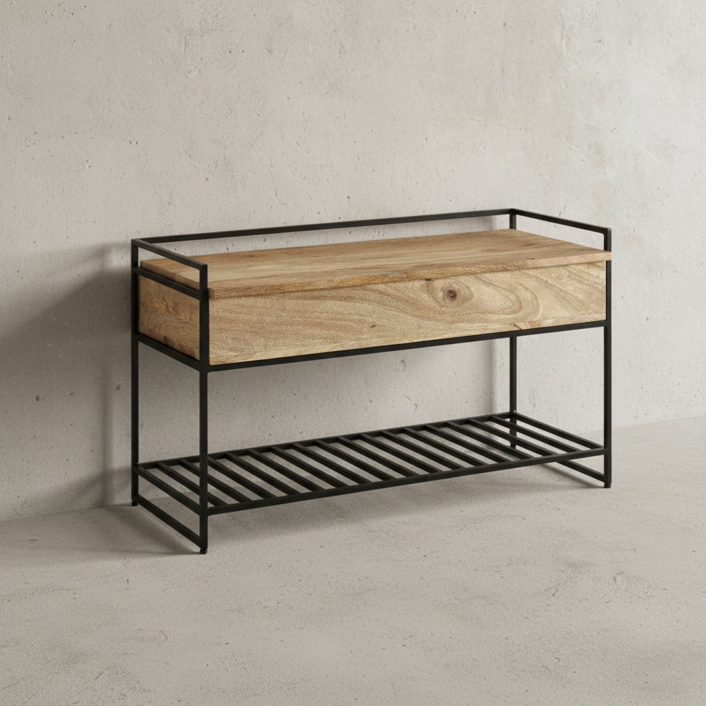 KADIMA DESIGN Flurbank SILLARO: Holz-Metall-Mix, hochklappbare Sitzfläche, 90x52x38 cm, Schuh-Aufbewahrung, 200 kg Belastung.