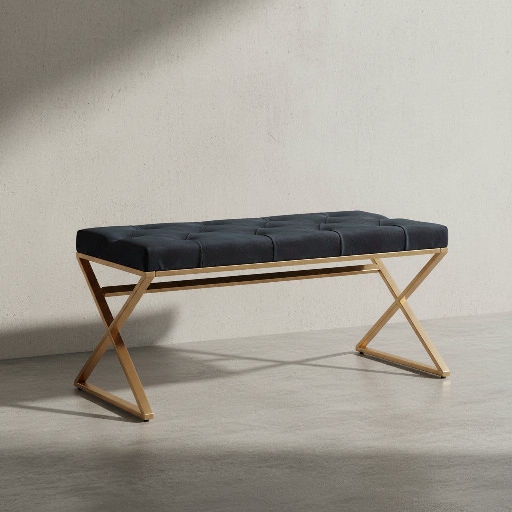 KADIMA DESIGN Samt Sitzbank im Chesterfield-Stil, Schwarz, robustes goldfarbenes Metallgestell, &uuml;ppige Sitzfl&auml;che - Bild 1