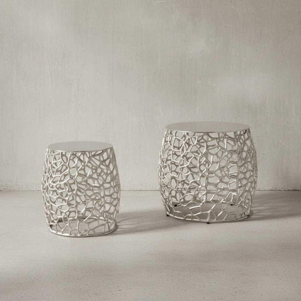 KADIMA DESIGN Silbernes Beistelltisch-Set mit ausgefallener Aststruktur, Aluminium, vielseitig einsetzbar