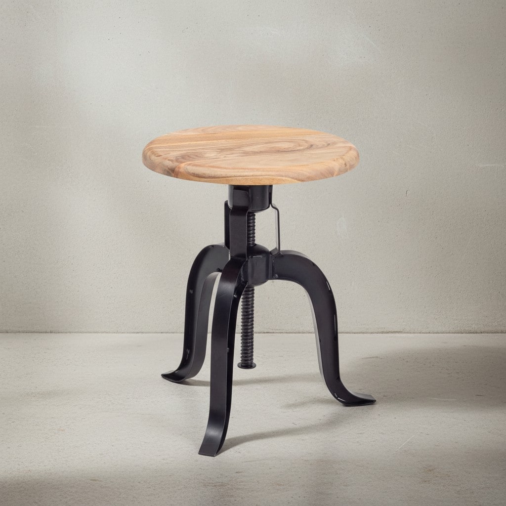 KADIMA DESIGN Rustikaler Industrial-Drehhocker aus Akazienholz und Eisen, h&ouml;henverstellbare Sitzfl&auml;che - Bild 1
