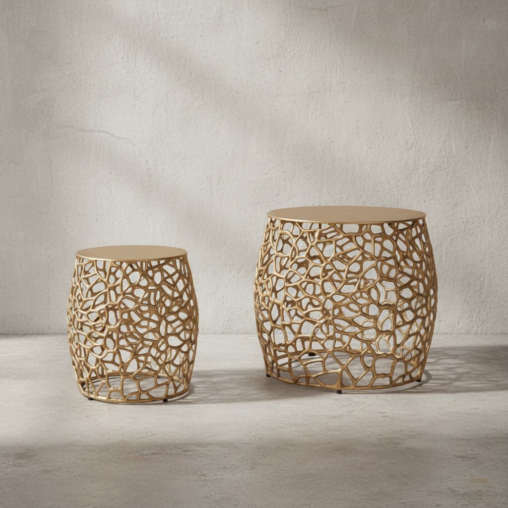 KADIMA DESIGN 2-teiliges Satztisch-Set aus Gold-Aluminium, Handgefertigt mit Aststruktur 