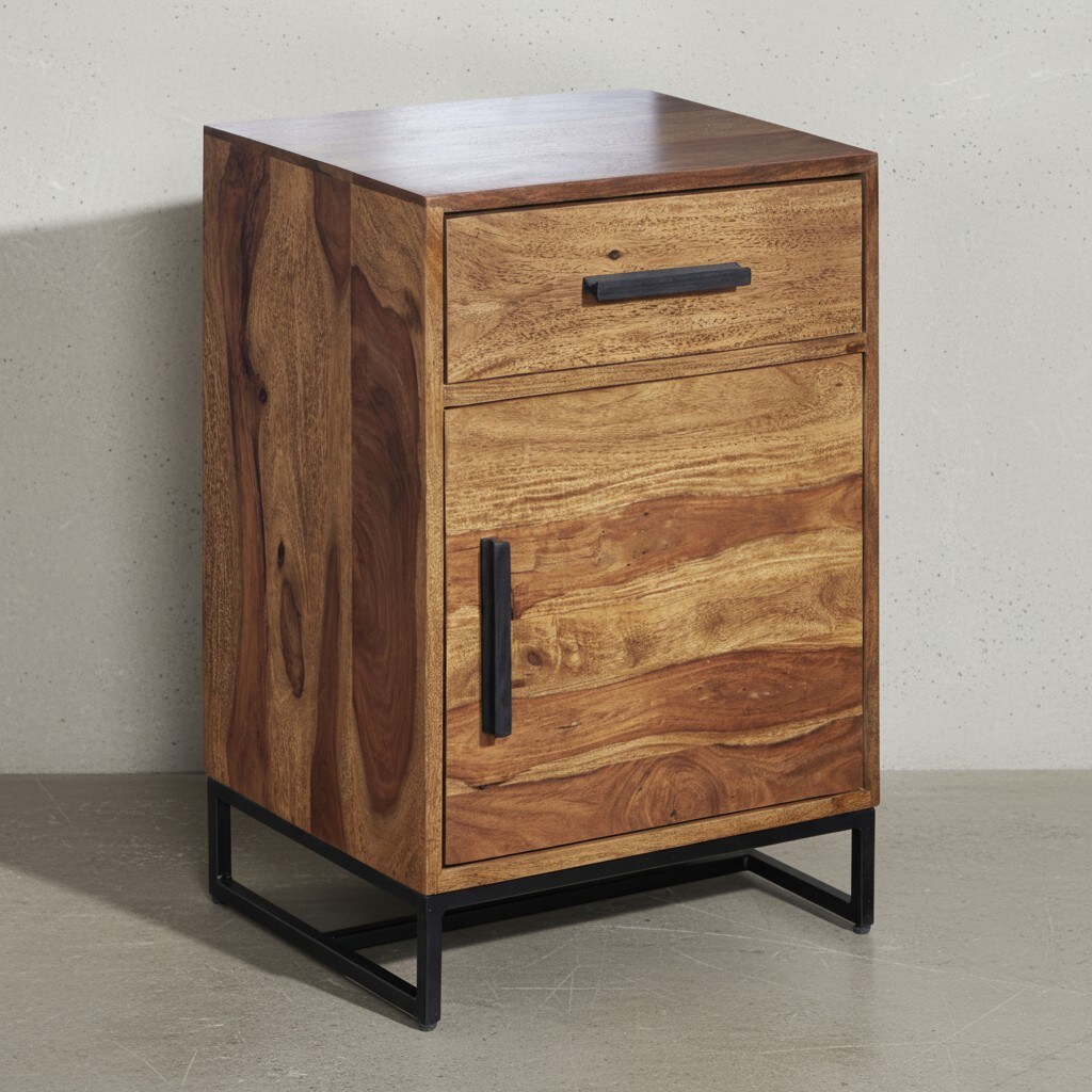 KADIMA DESIGN Nachtkonsole aus Sheeshamholz, pulverbeschichtetes Eisen, Industrial-Style, Schublade und Türfach