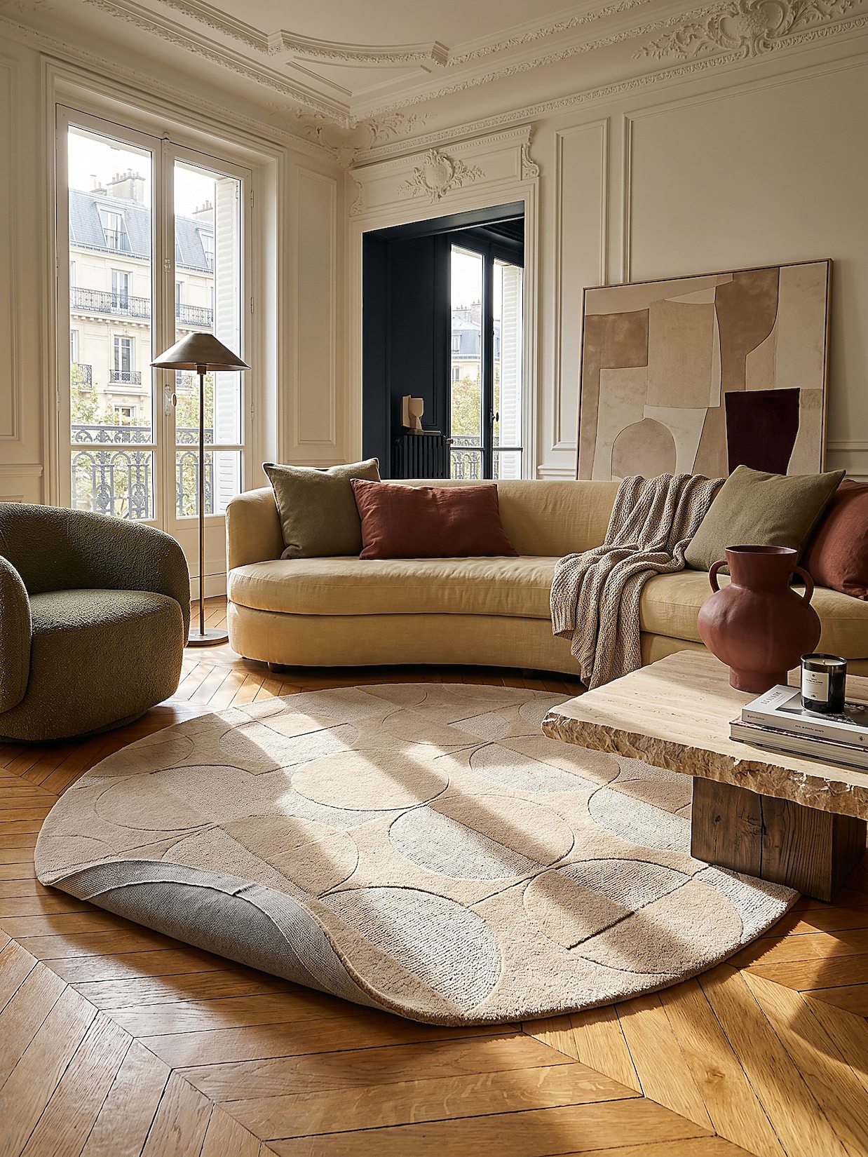 Wollteppich Kurzflor Natur Ø160 cm - DEBEN Kadima Design