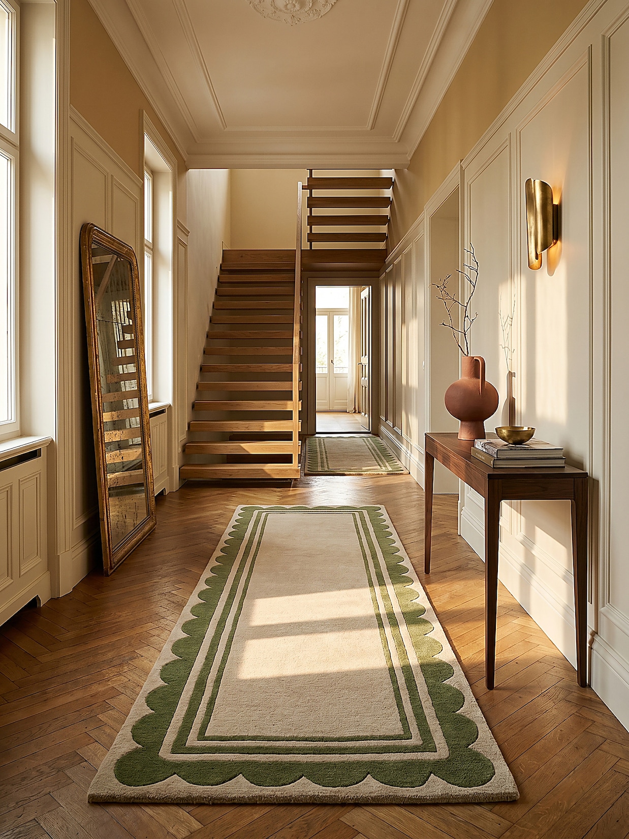 Läufer Wolle Grün-Beige 80 x 230 cm - WENSUM Kadima Design