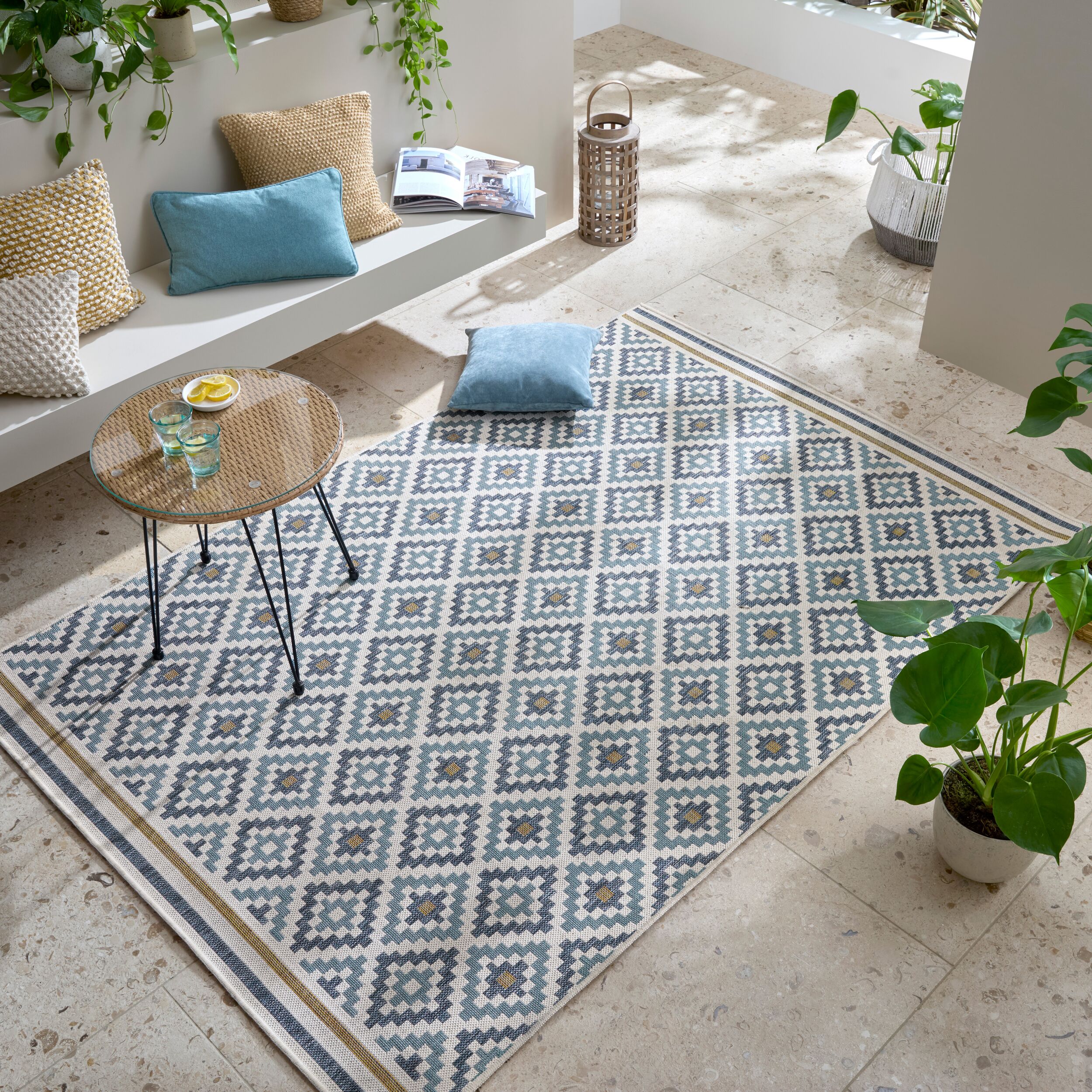 Outdoor-Teppich Rauten Blau-Gelb 200 x 290 cm - FLEET | Kadima Design - Bild 1