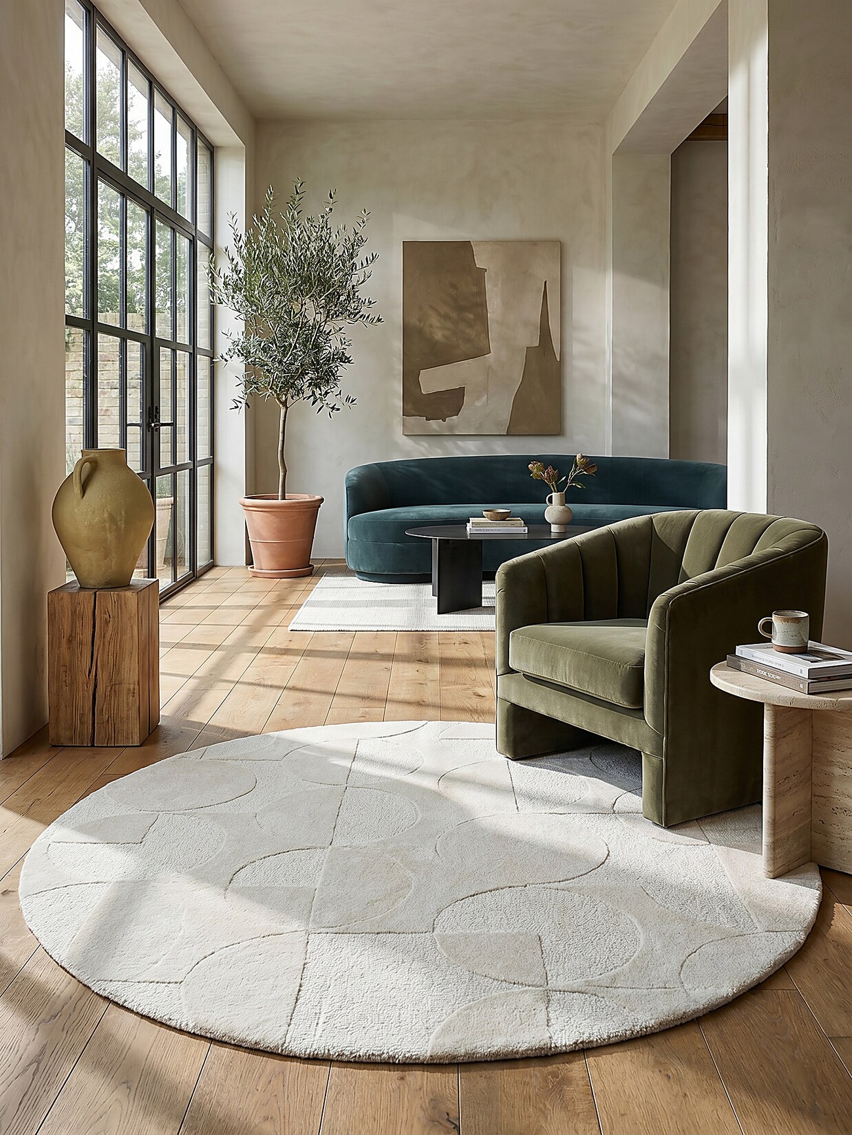 Wollteppich Kurzflor Elfenbein Ø160 cm - DEBEN Kadima Design