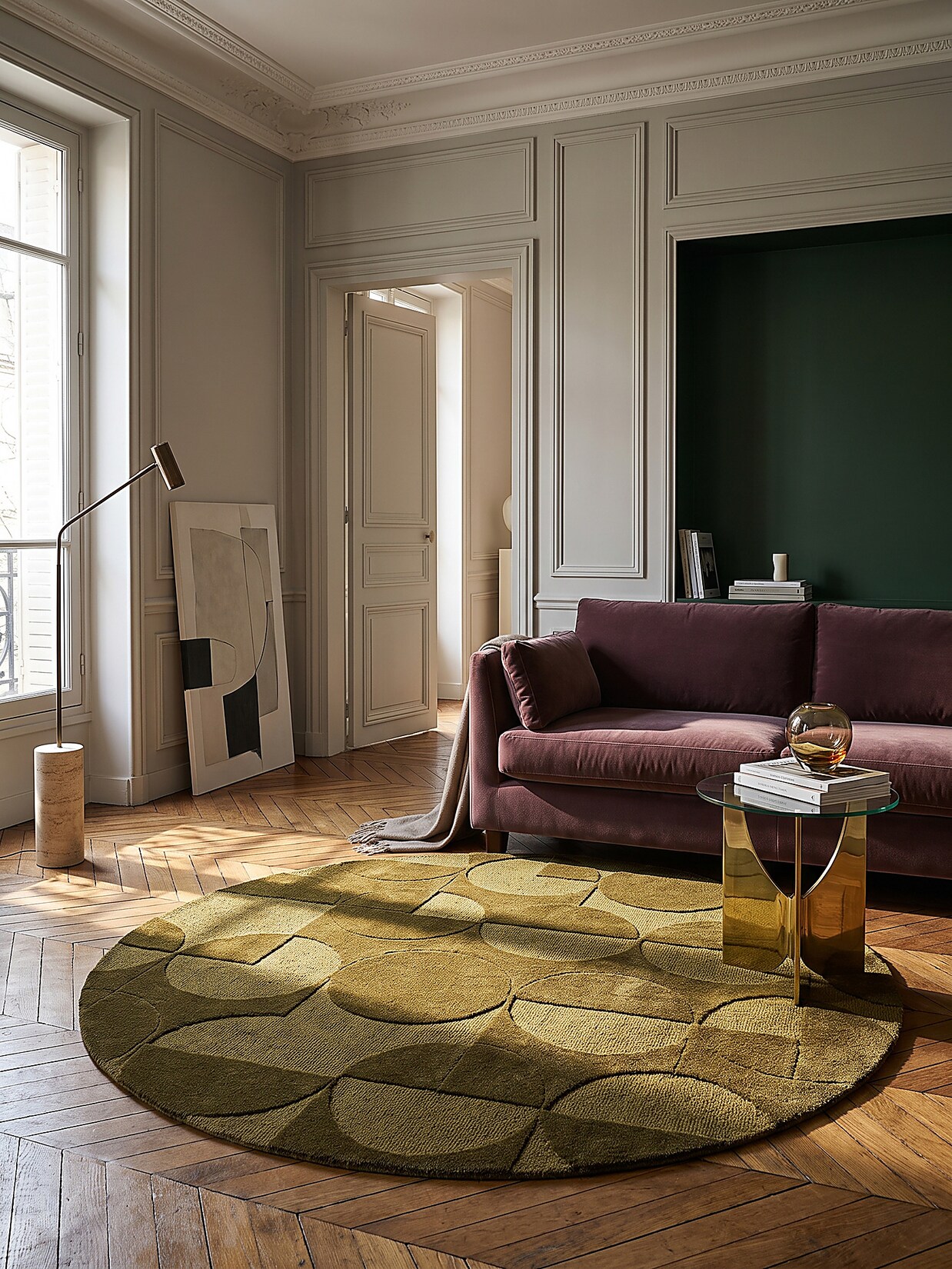 Wollteppich geometrisch Olivgrün Ø160 cm - DEBEN Kadima Design