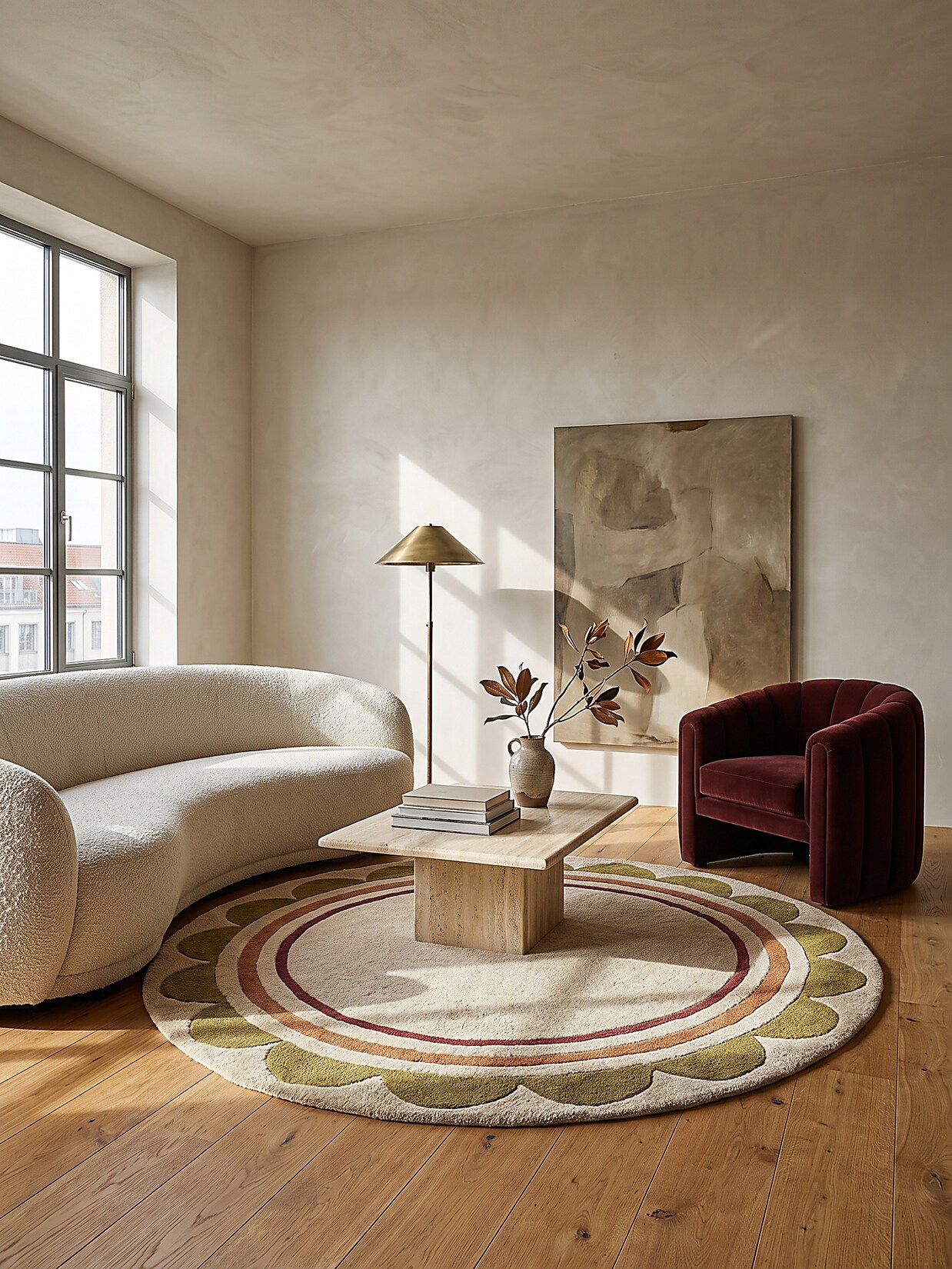 Wollteppich Bordüre Beige-Multicolor Ø120 cm - WENSUM Kadima Design