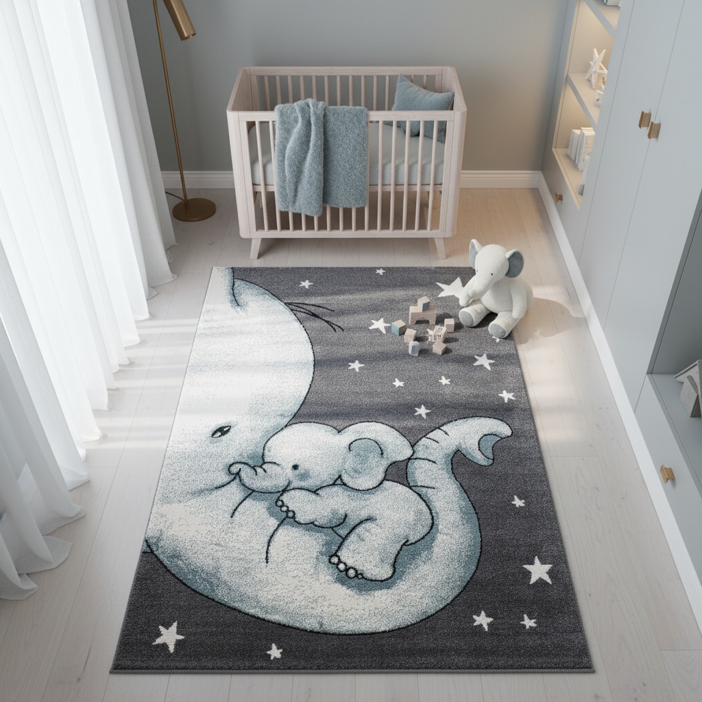 Kinderteppich TASNA, mit Elefanten-Motiv, Blau, 80 x 150 cm - Bild 1
