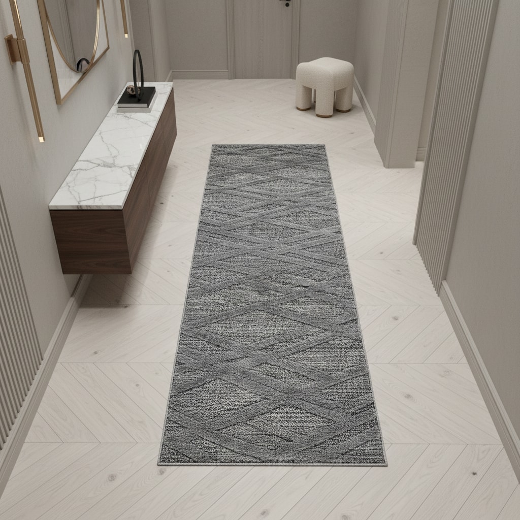 Hochflorteppich TALFER, im Boho-Stil, aus Polypropylen, Grau, 80 x 250 cm