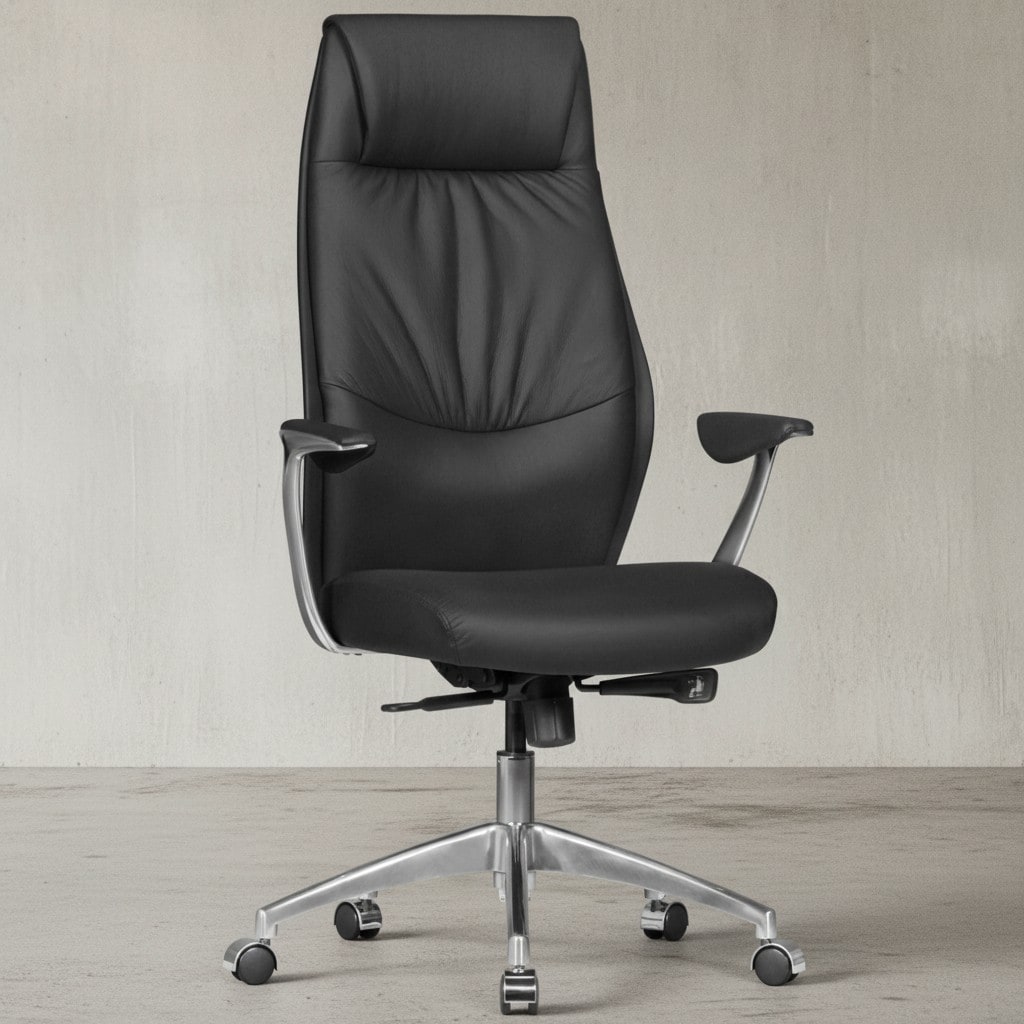 Bürostuhl Echtleder mit Synchronmechanik, Kopfstütze und hoher Rückenlehne, Schwarz 67x58x125 cm