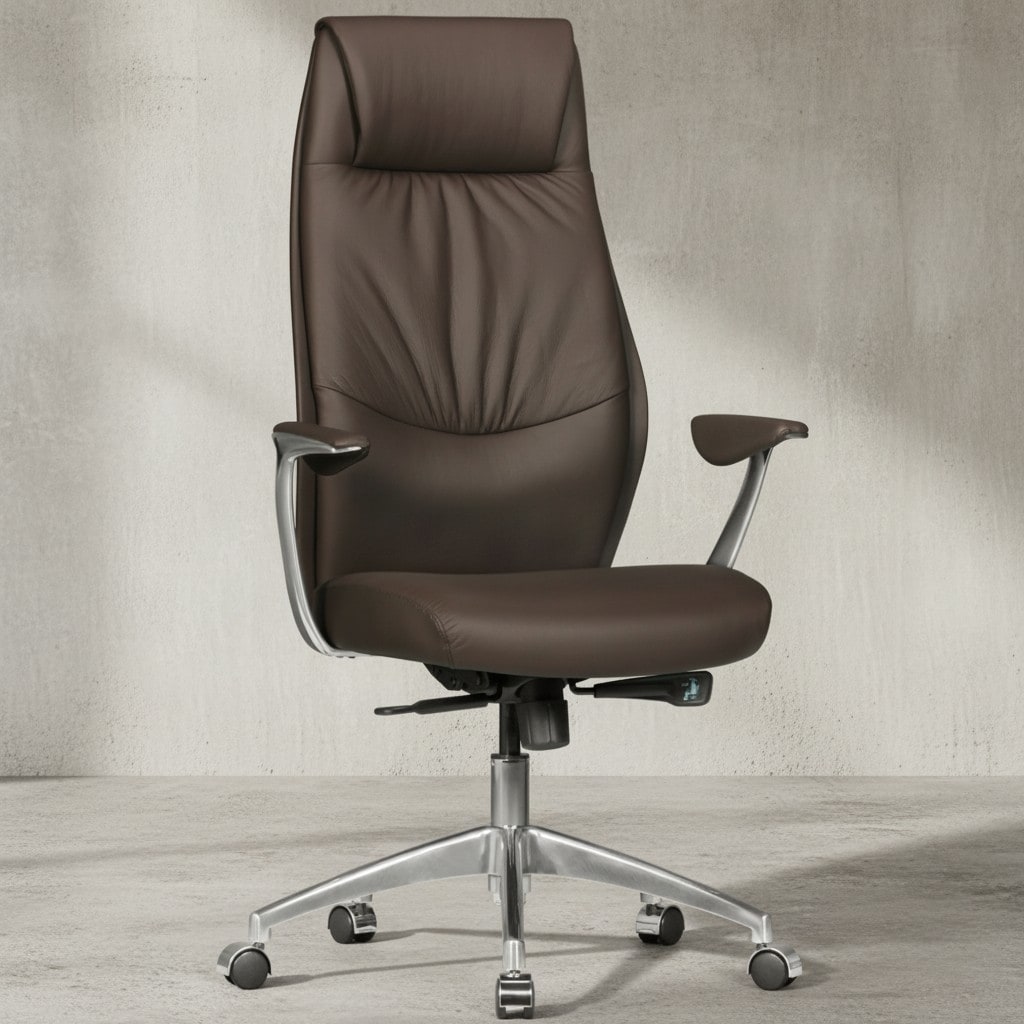 B&uuml;rostuhl Echtleder mit Synchronmechanik, Kopfst&uuml;tze und hoher R&uuml;ckenlehne, Braun 67x58x125 cm - Bild 1