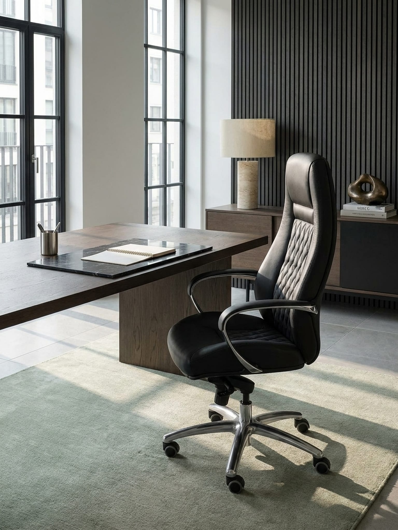 B&uuml;rostuhl Echtleder mit hoher R&uuml;ckenlehne und Kopfst&uuml;tze AUSTIN, Schwarz 70x68x130 cm - Bild 1