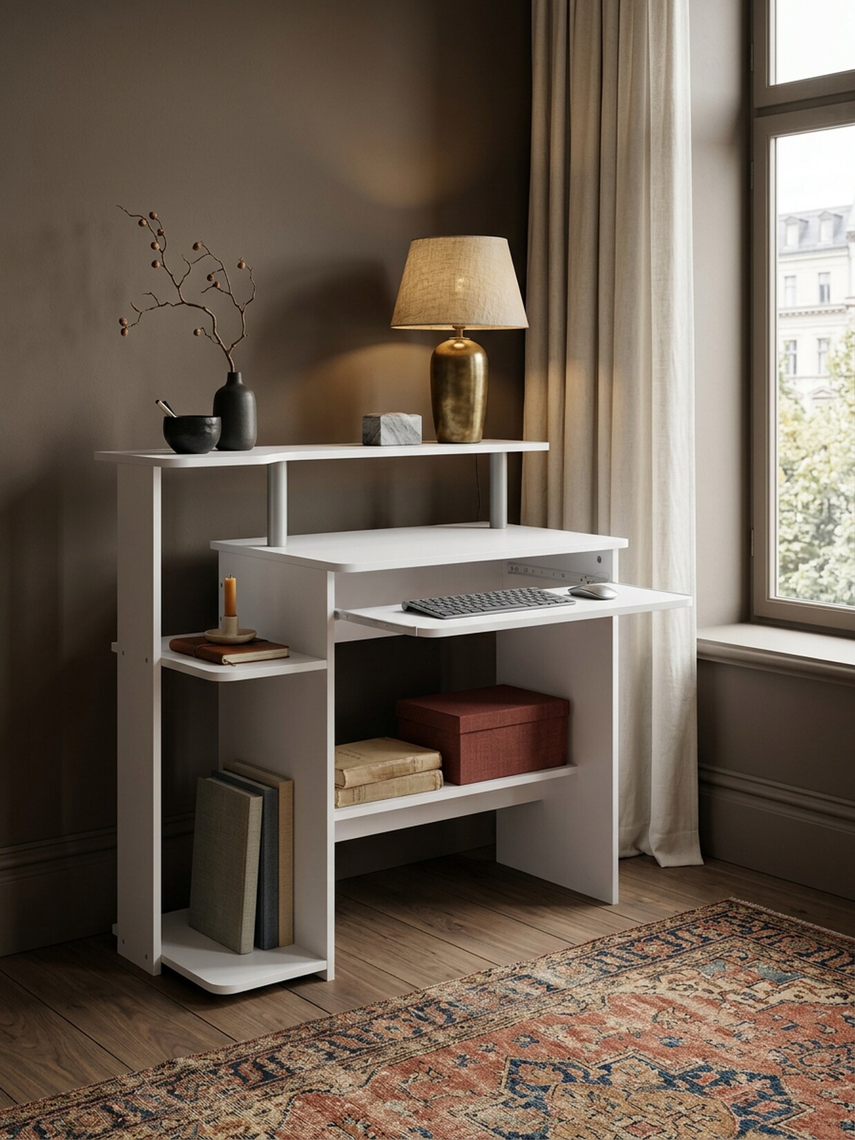 Schreibtisch – Weiß, 94x90,5x48,5 cm, Tastaturauszug, kompakt, mit Druckerablage