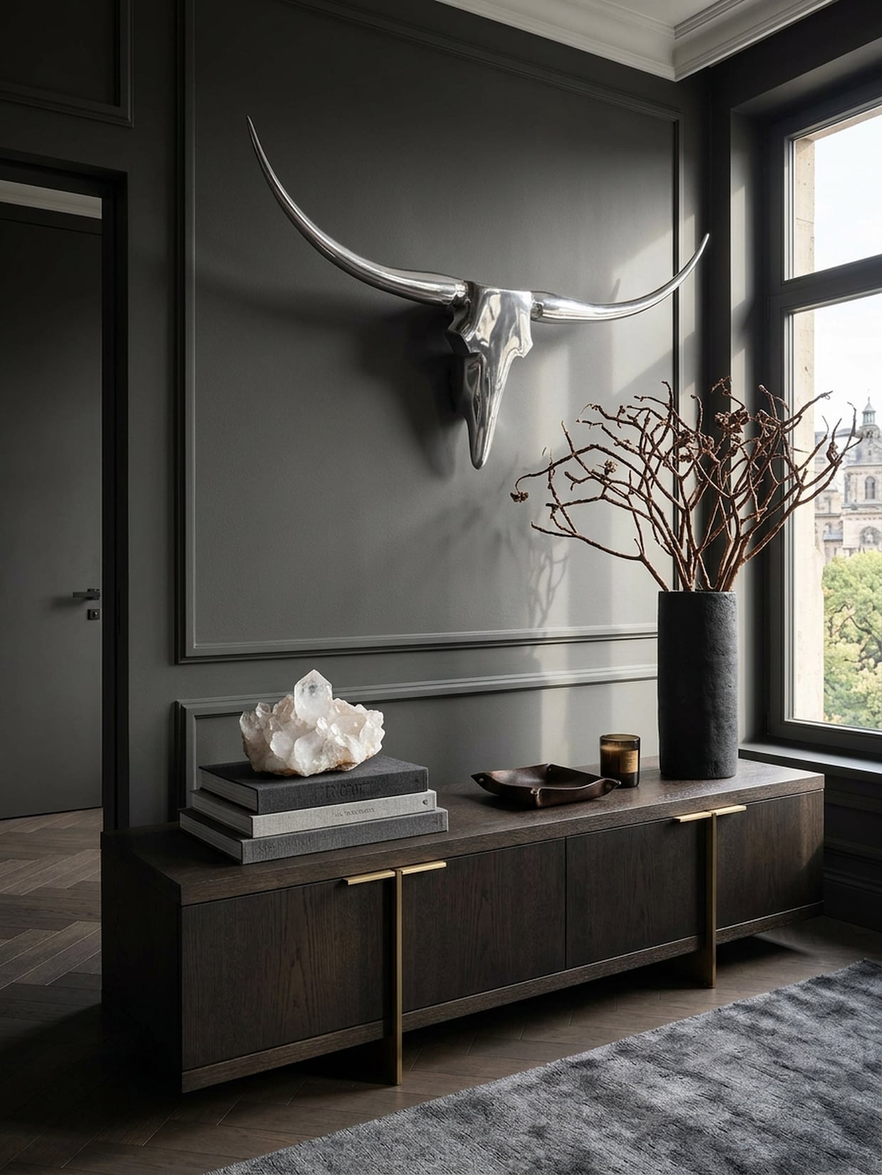 Wanddeko Geweih Bull Aluminium 125 cm breit, Silbern 100x5x35 cm