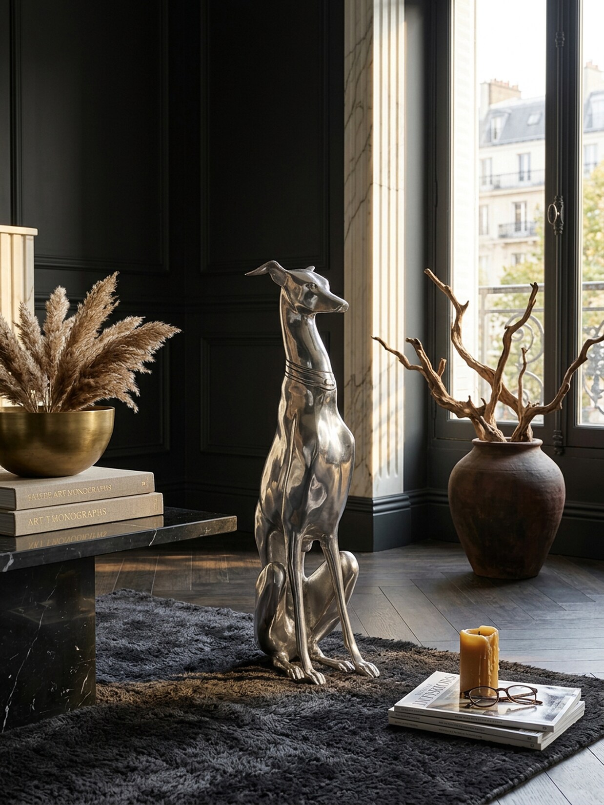 Dekofigur Windhund Aluminium Silber 70 cm im Design-Stil