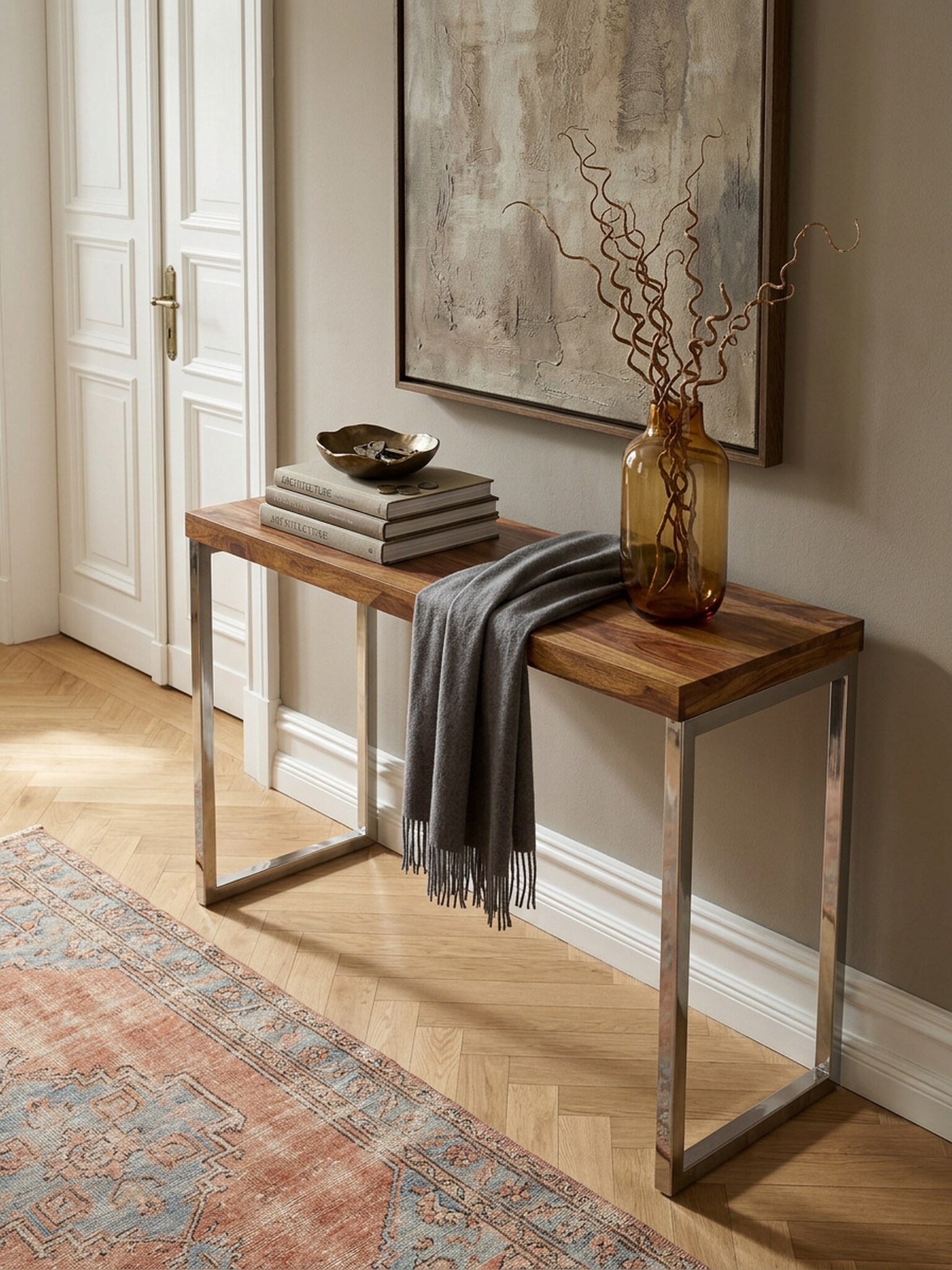 Konsolentisch Massivholz Metallbeine Landhausstil GUNA, Dunkelbraun 45x120x76 cm - Bild 1