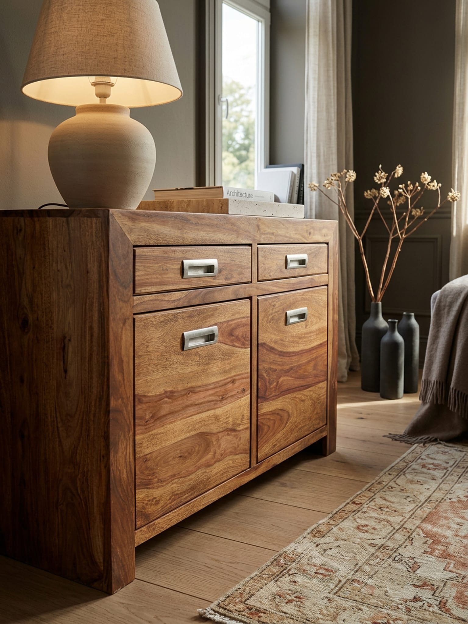 Sideboard &ndash; MUMBAI, Massivholz, 90&nbsp;cm, 2 Schubladen, 2 T&uuml;ren, Landhausstil - Bild 1