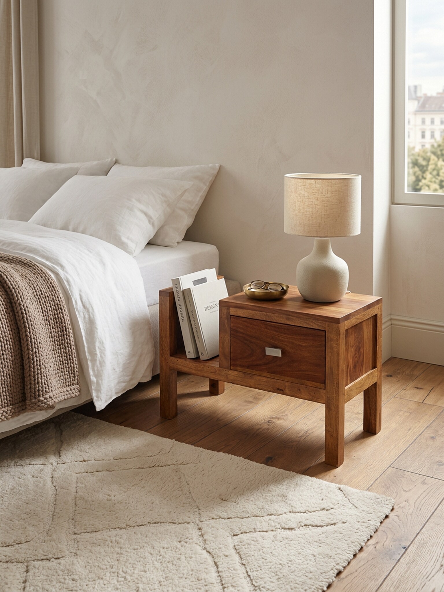 Nachttisch &ndash; Massivholz, 40&nbsp;cm hoch, Schublade & Ablagefach, Landhausstil - Bild 1
