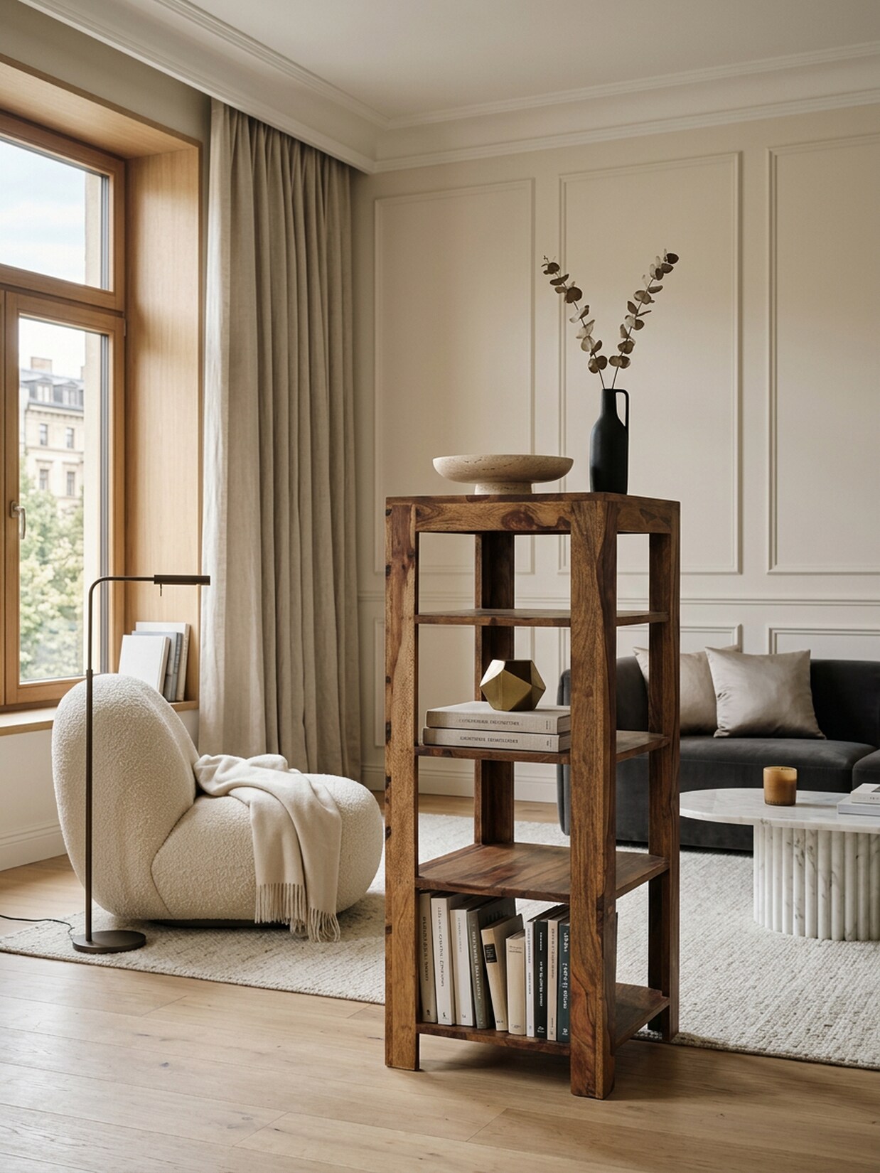 Regal Massivholz 4 Fächer Landhausstil MUMBAI, Dunkelbraun 44x44x105 cm