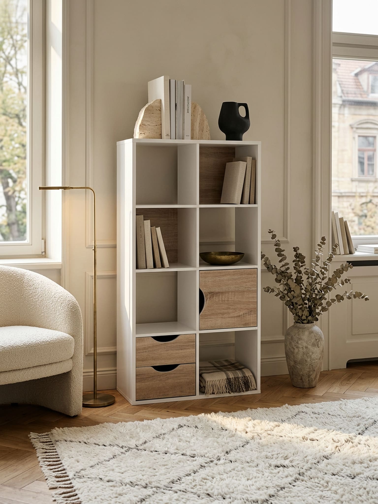 B&uuml;cherregal &ndash; Wei&szlig;/Sonoma Eiche, 60x120x29&nbsp;cm, mit Schubladen und T&uuml;r - Bild 1