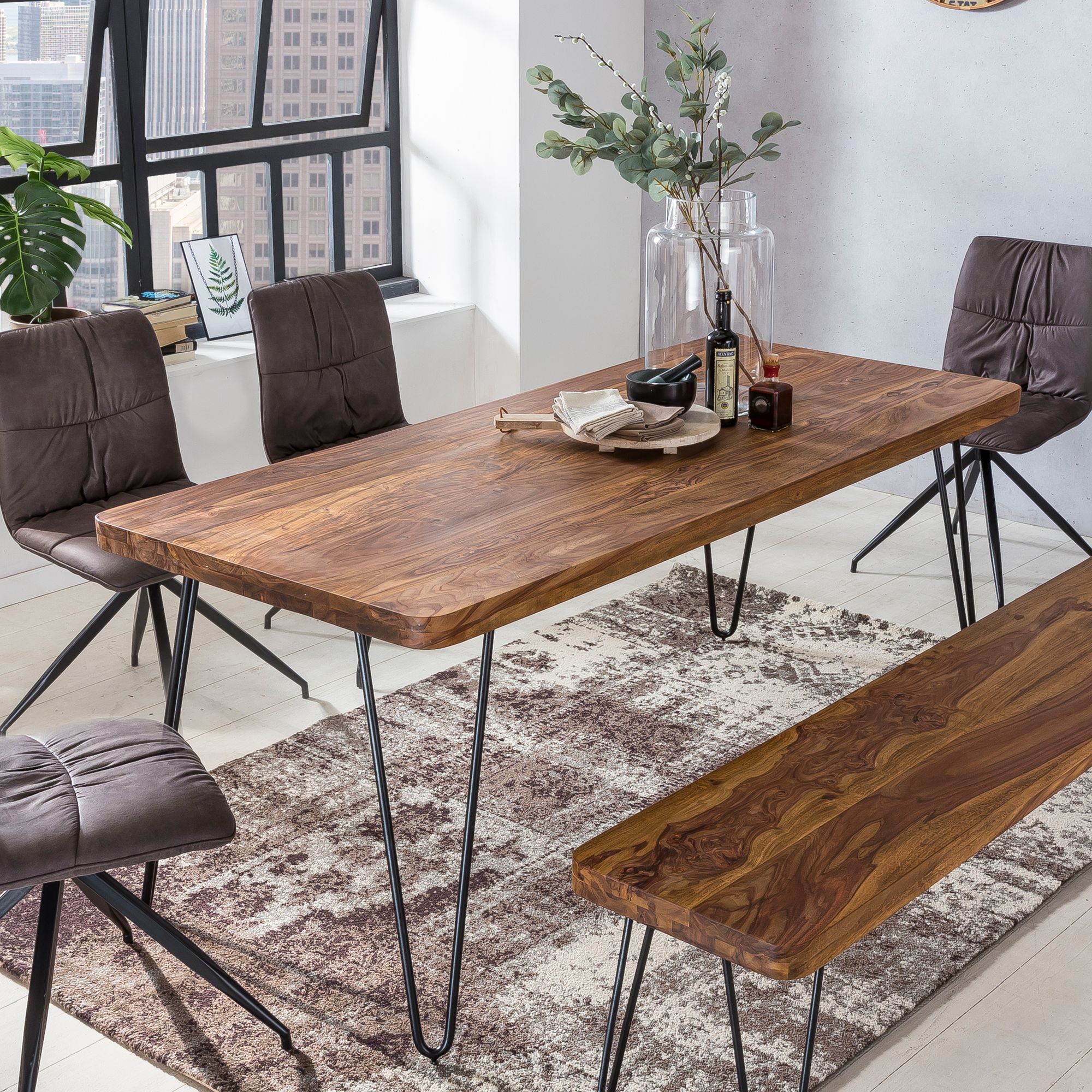 Esstisch Massivholz Metallbeine Rechteckig Landhausstil BAGLI, Dunkelbraun 80x120x76 cm - Bild 1