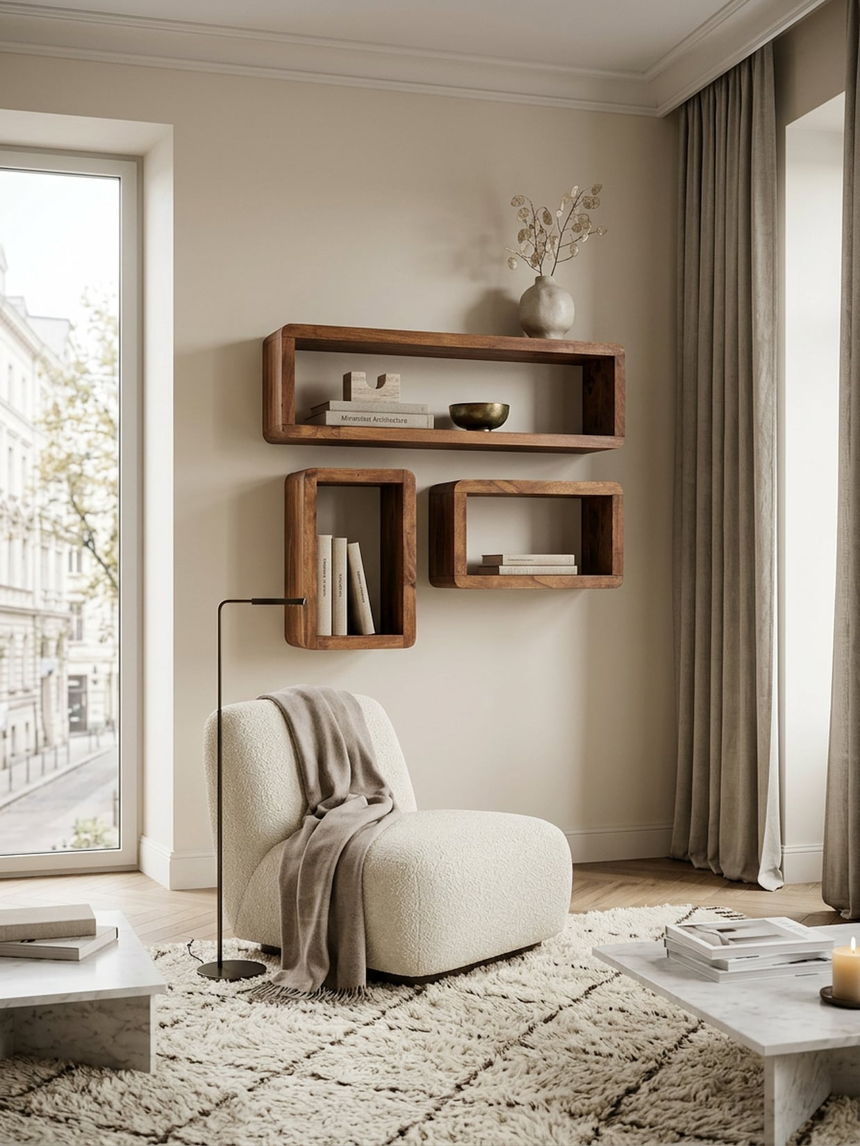Wandregal Set BOHA Massivholz Viereckig Landhausstil, Dunkelbraun 80x15x20 cm