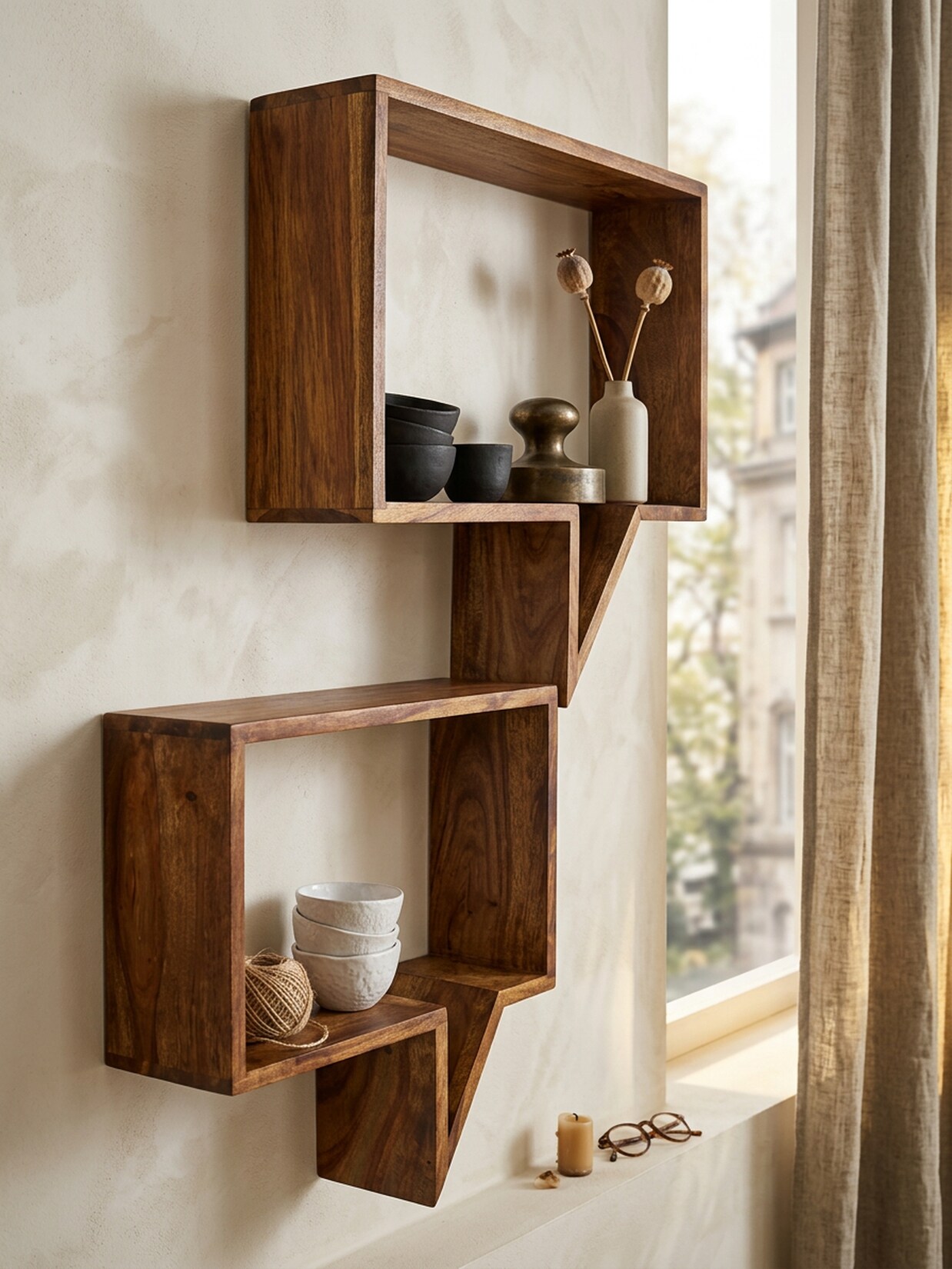 Wandregal Set MUMBAI Massivholz Hängend Landhausstil, Dunkelbraun 50x13x49 cm