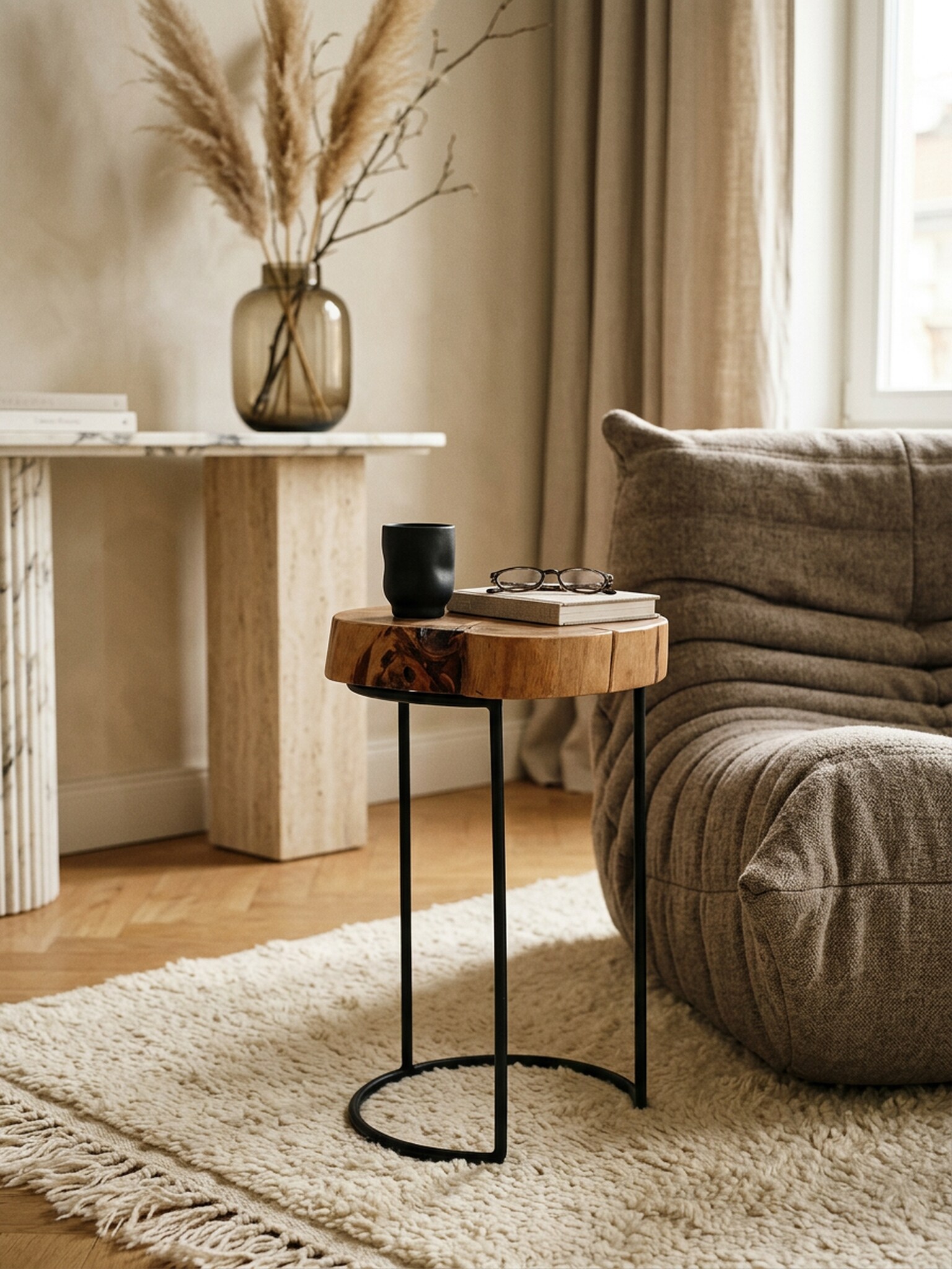 Beistelltisch Massivholz Metallbeine Baumstammform Landhausstil AKOLA, Akazie 28x28x45 cm - Bild 1