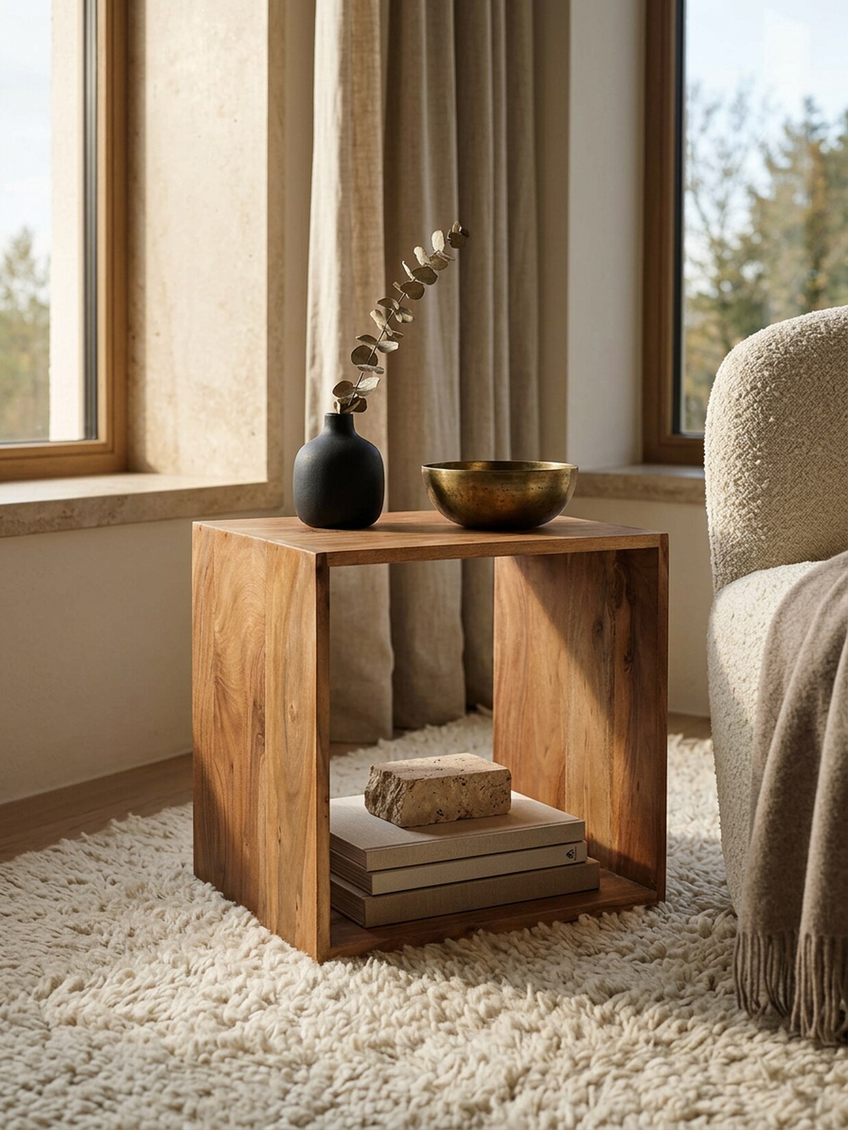 Beistelltisch Massivholz Cube Regal Landhausstil MUMBAI, Akazie 33x43x43 cm