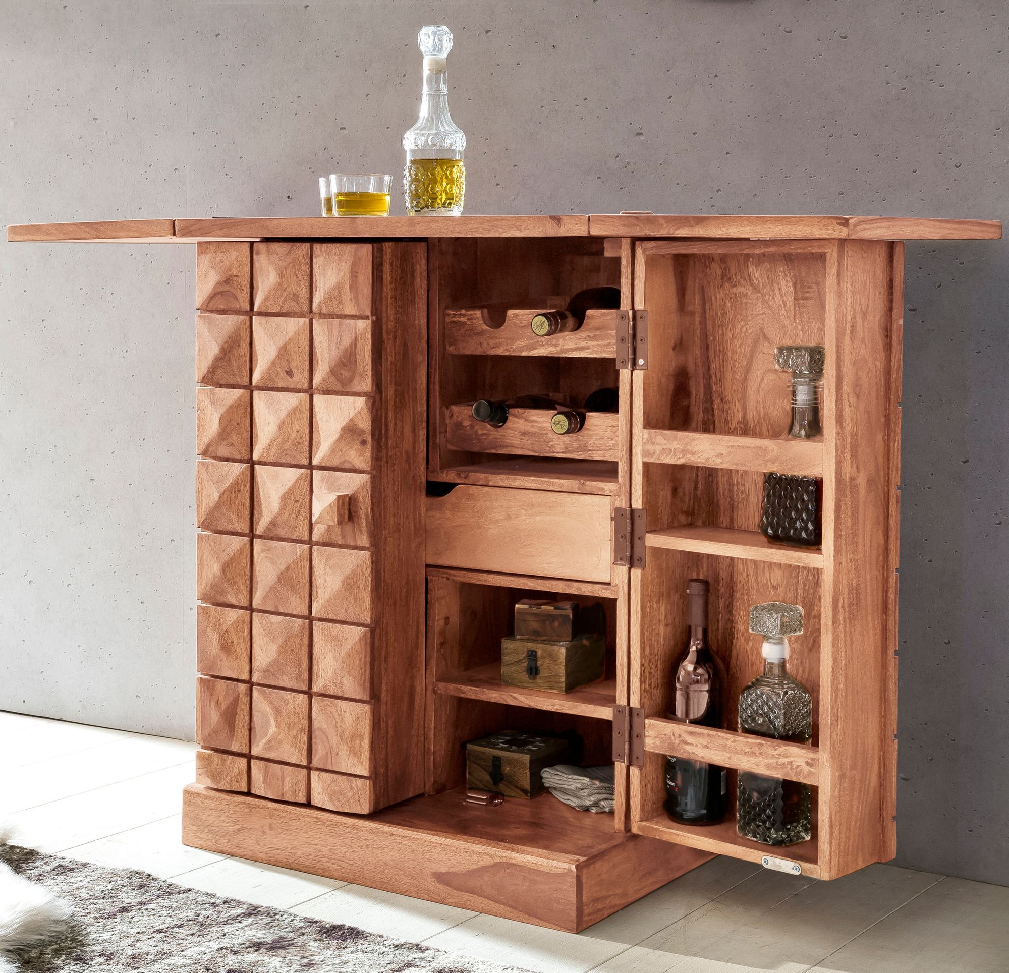Hausbar aus Massivholz mit Klappfunktion und Stauraum f&uuml;r Flaschen und Gl&auml;ser, Akazie 65x50x91 cm - Bild 1